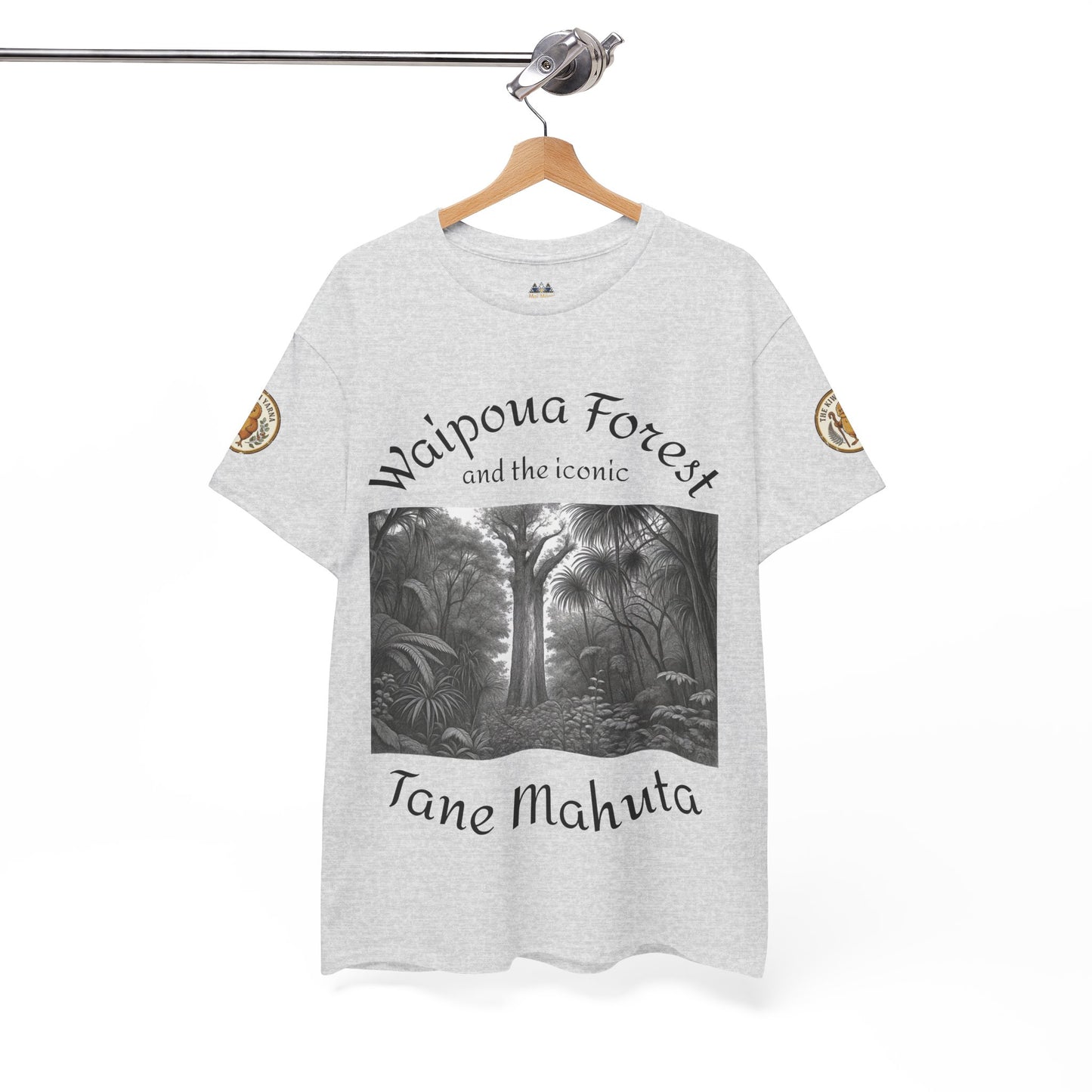 Heather gray crew-neck T-shirt with front forest graphic and curved text