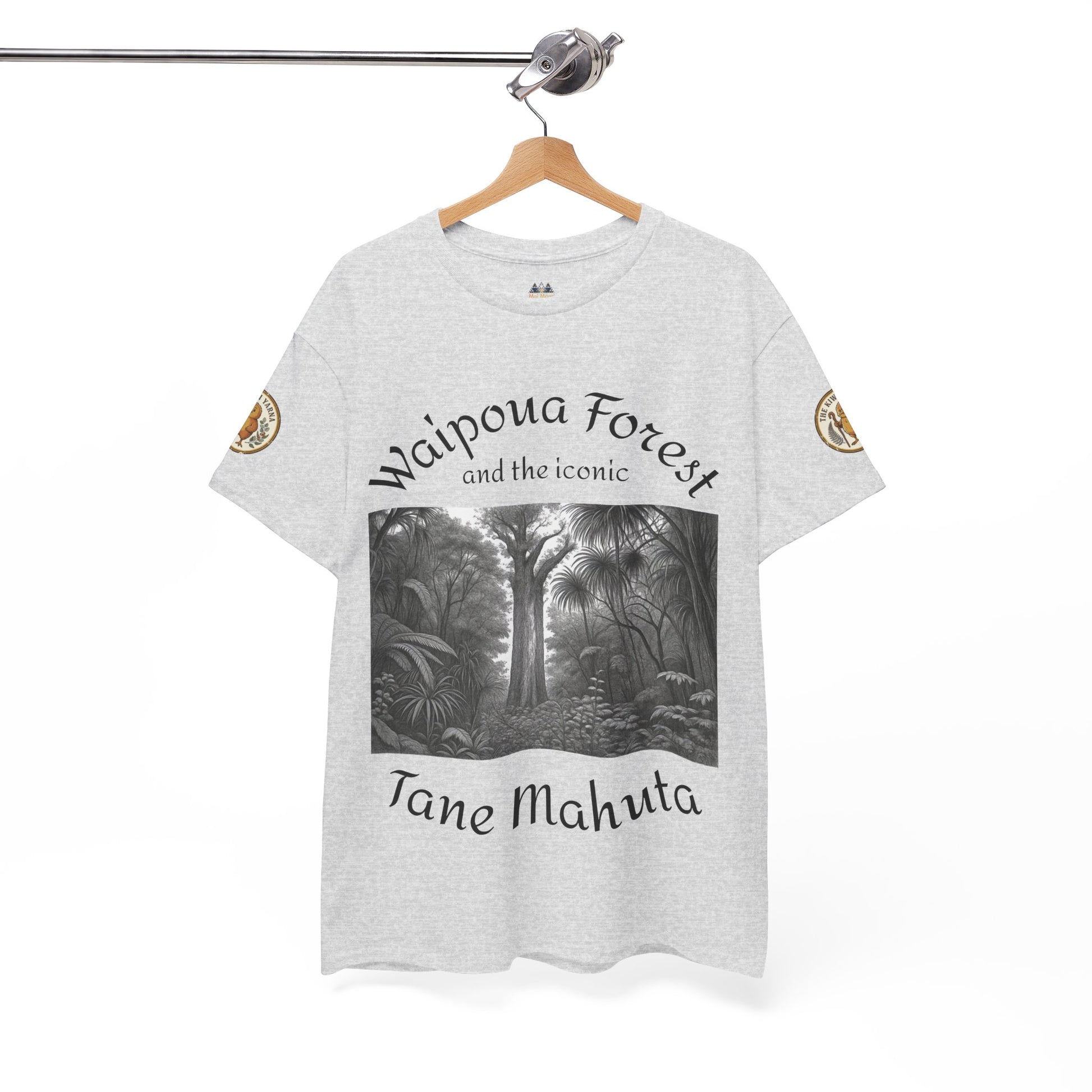 Heather gray crew-neck T-shirt with front forest graphic and curved text