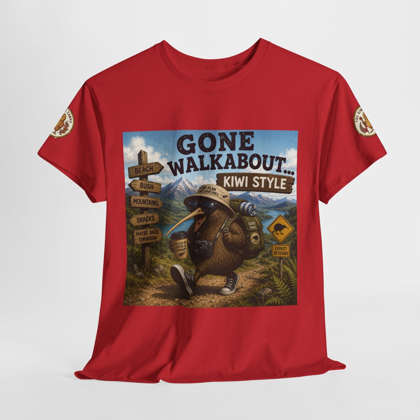 Red Gone Walkabout Kiwi Style T-shirt with large front square graphic