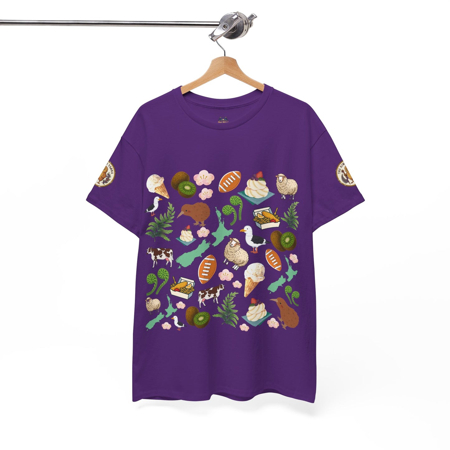Kiwiana t-shirt in purple with colorful bird-and-fruit graphic print