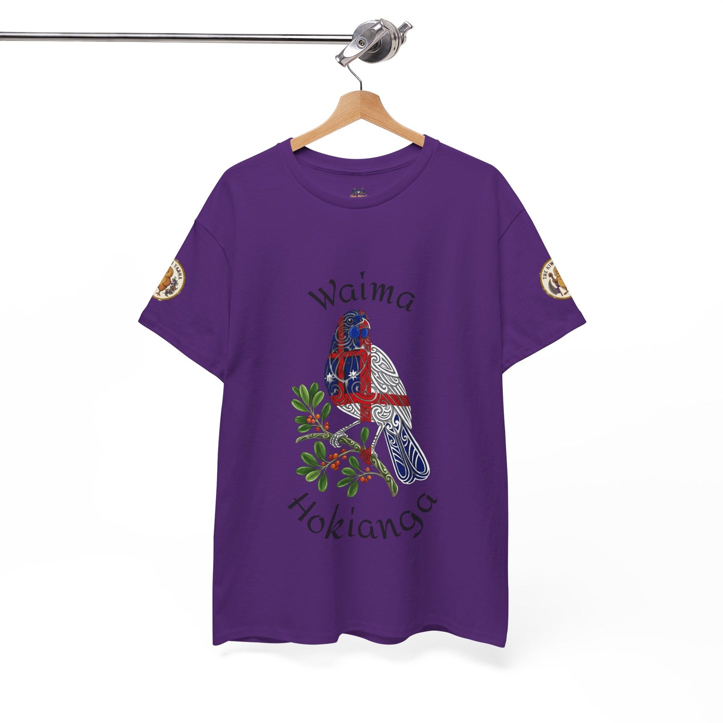 Purple graphic T-shirt with colorful bird design and curved text on the front