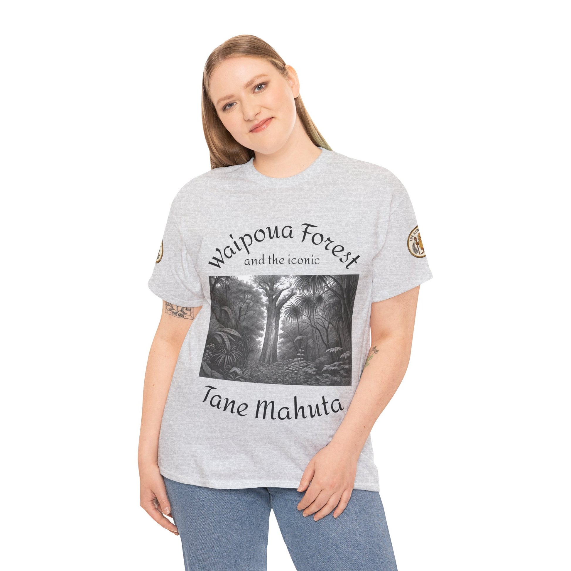 Heather gray graphic T-shirt with forest scene and round sleeve patch