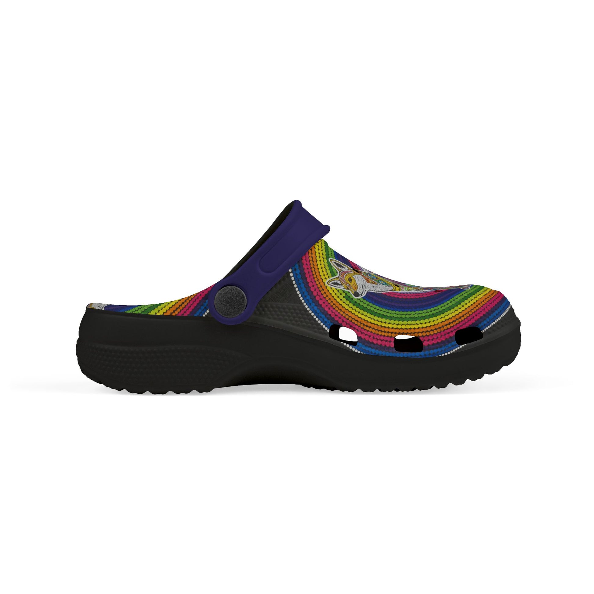 Three-quarter side view navy slip-on clog with rainbow dingo print and black sole