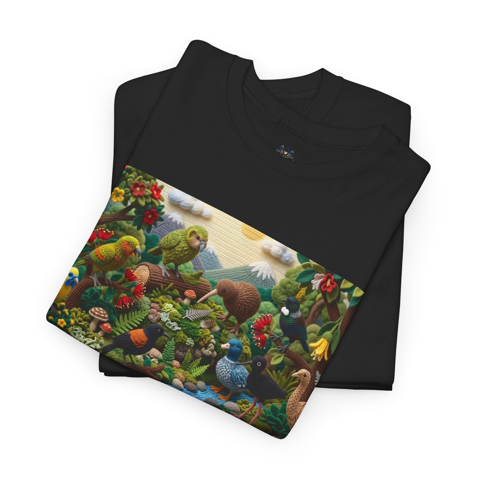 Black graphic T-shirt with wide nature scene birds and flowers panel across chest