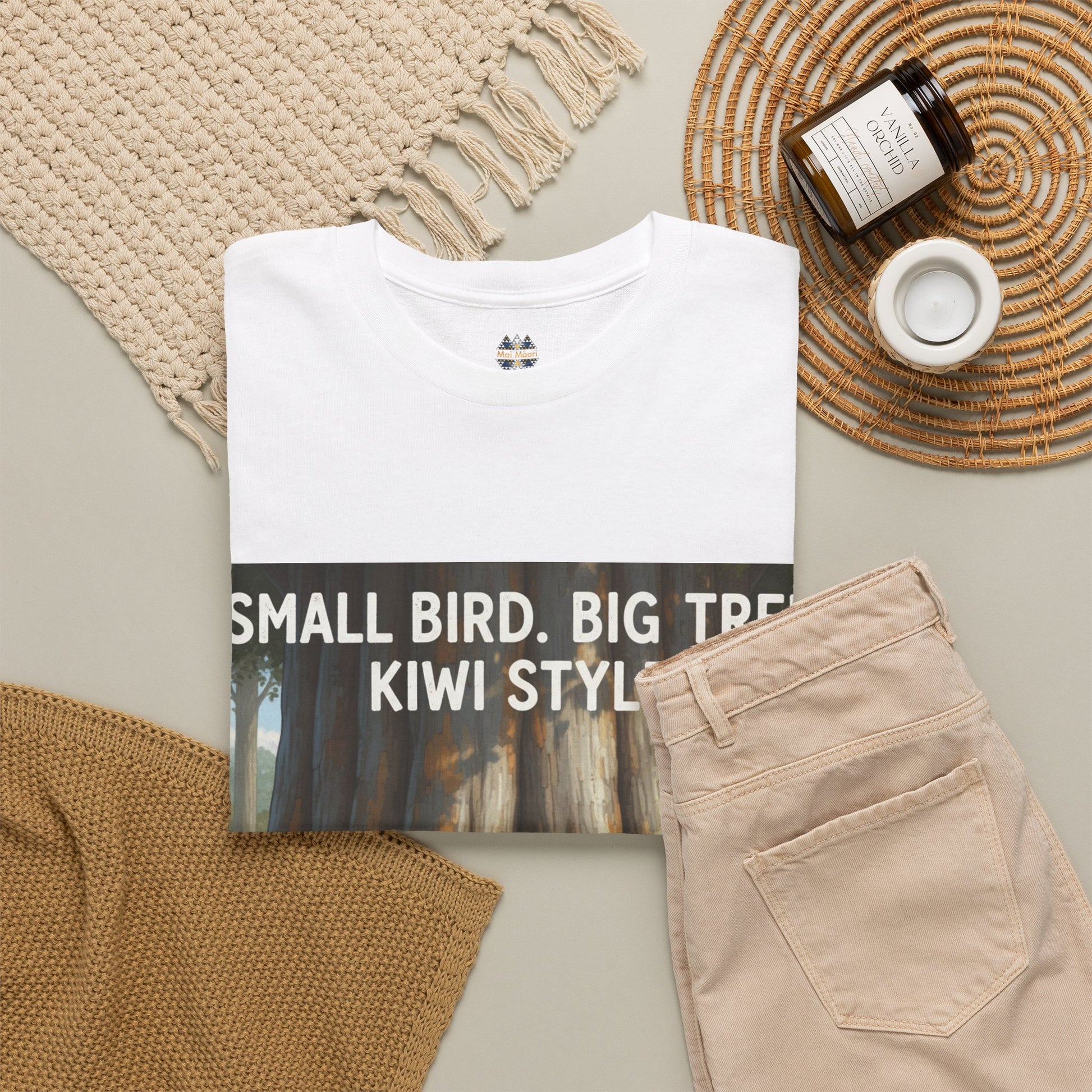 White T-shirt with front graphic; matching round neckline with small chest emblem