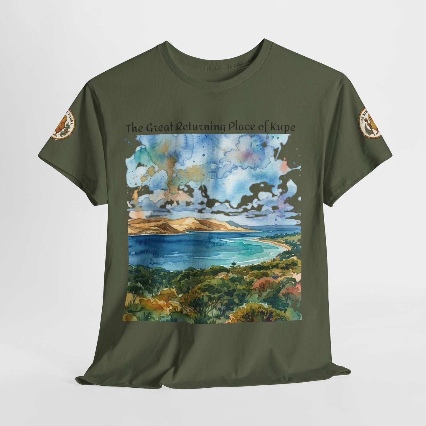 Olive green graphic T-shirt front view with blue landscape panel and sleeve badges