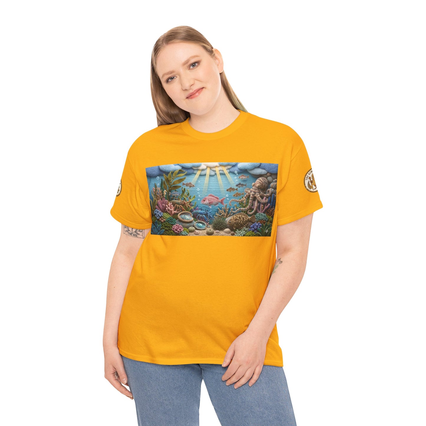 Mustard yellow crew-neck T-shirt with rectangular ocean reef scene graphic