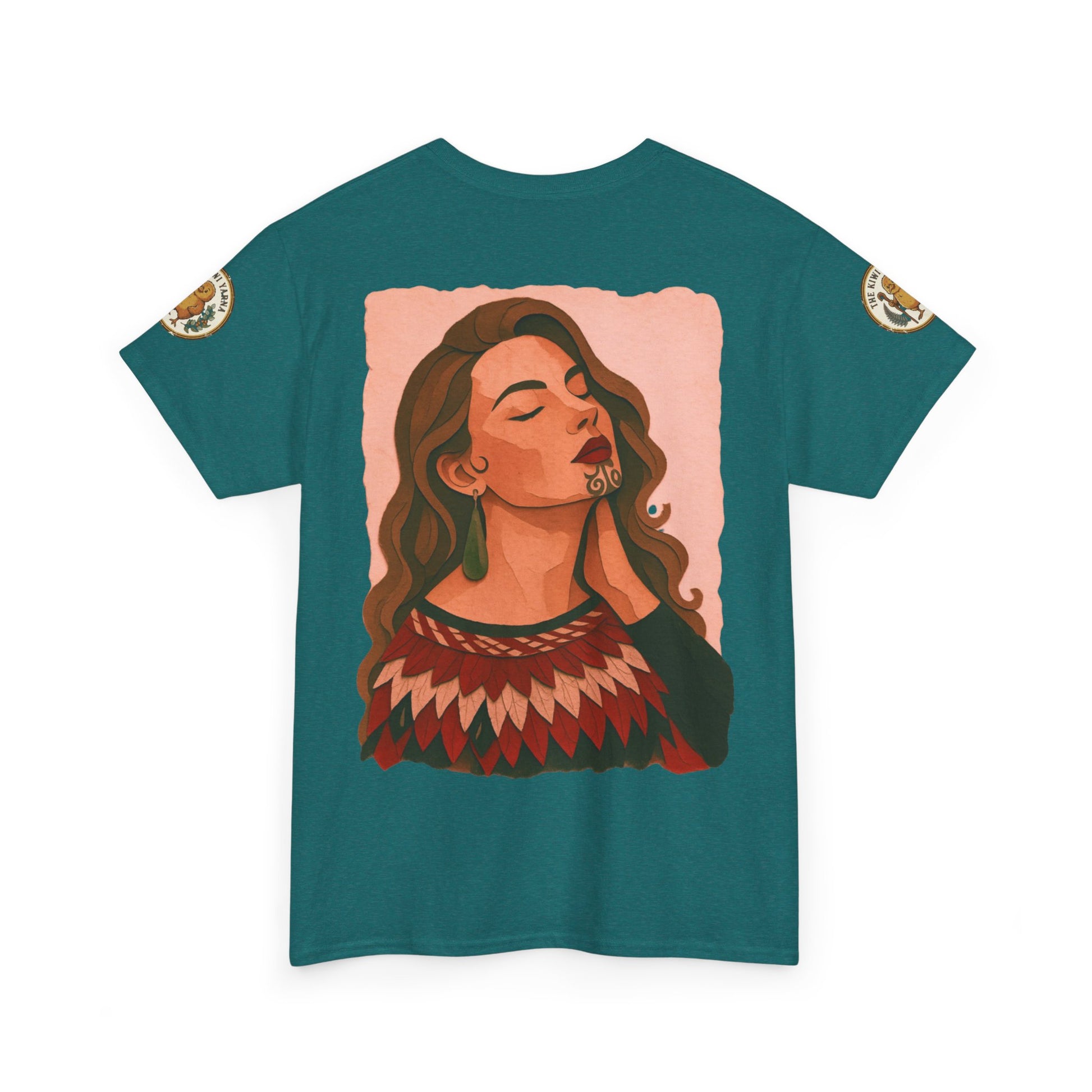 Teal crew-neck graphic T-shirt with front woman portrait illustration and small sleeve logo