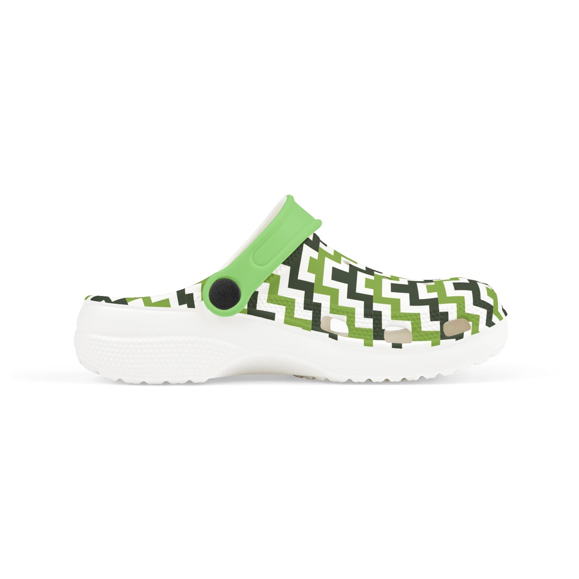 Zigzag clog sandals with green strap, white sole and circular strap button