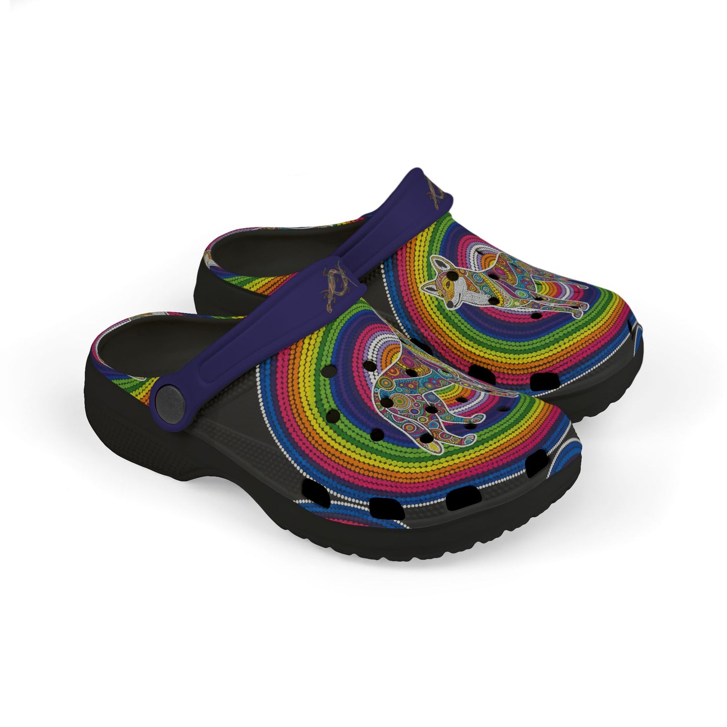 Back three-quarter view navy clog with rainbow dingo artwork and black sole