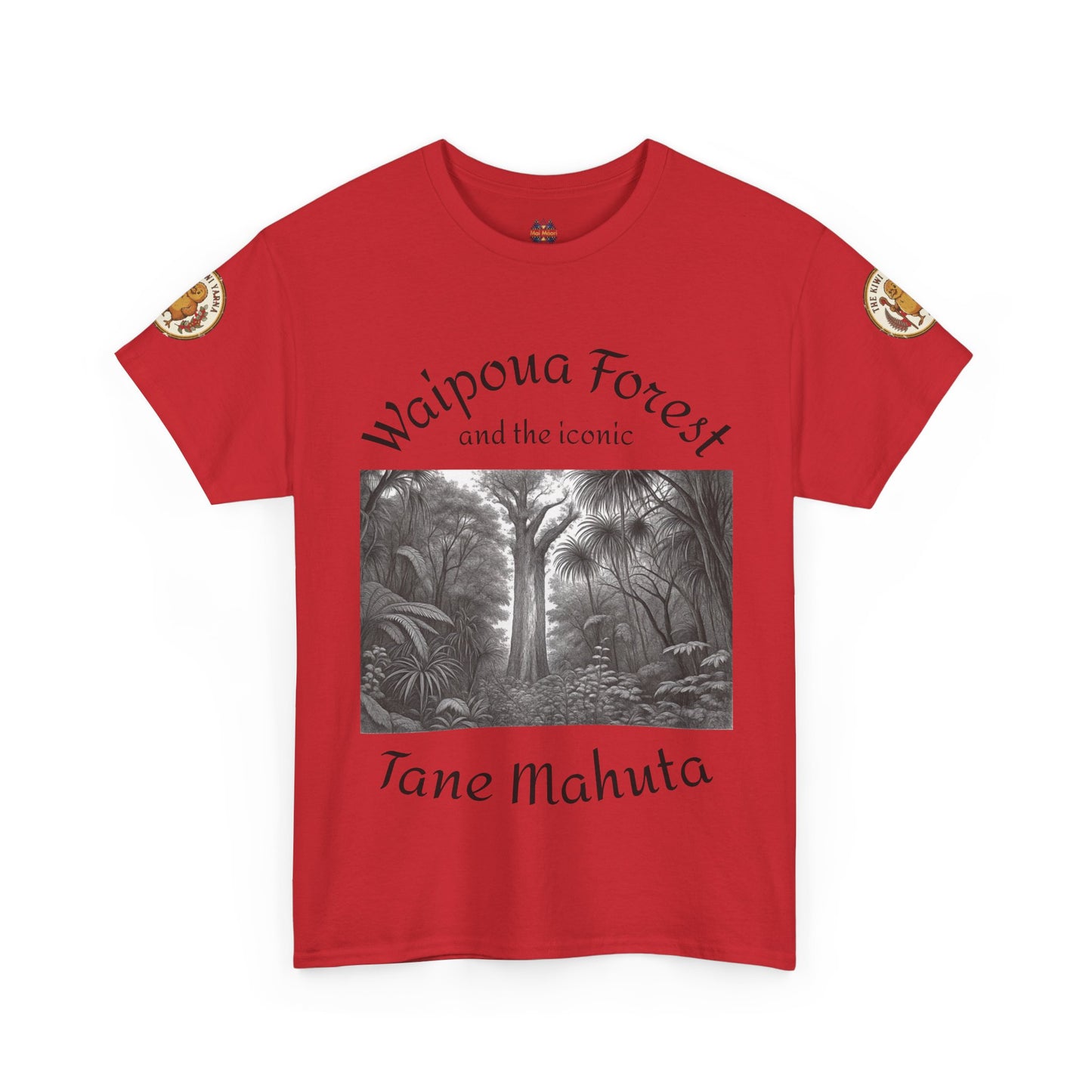 Red T-shirt with front forest graphic and sleeve patches, crew neck.