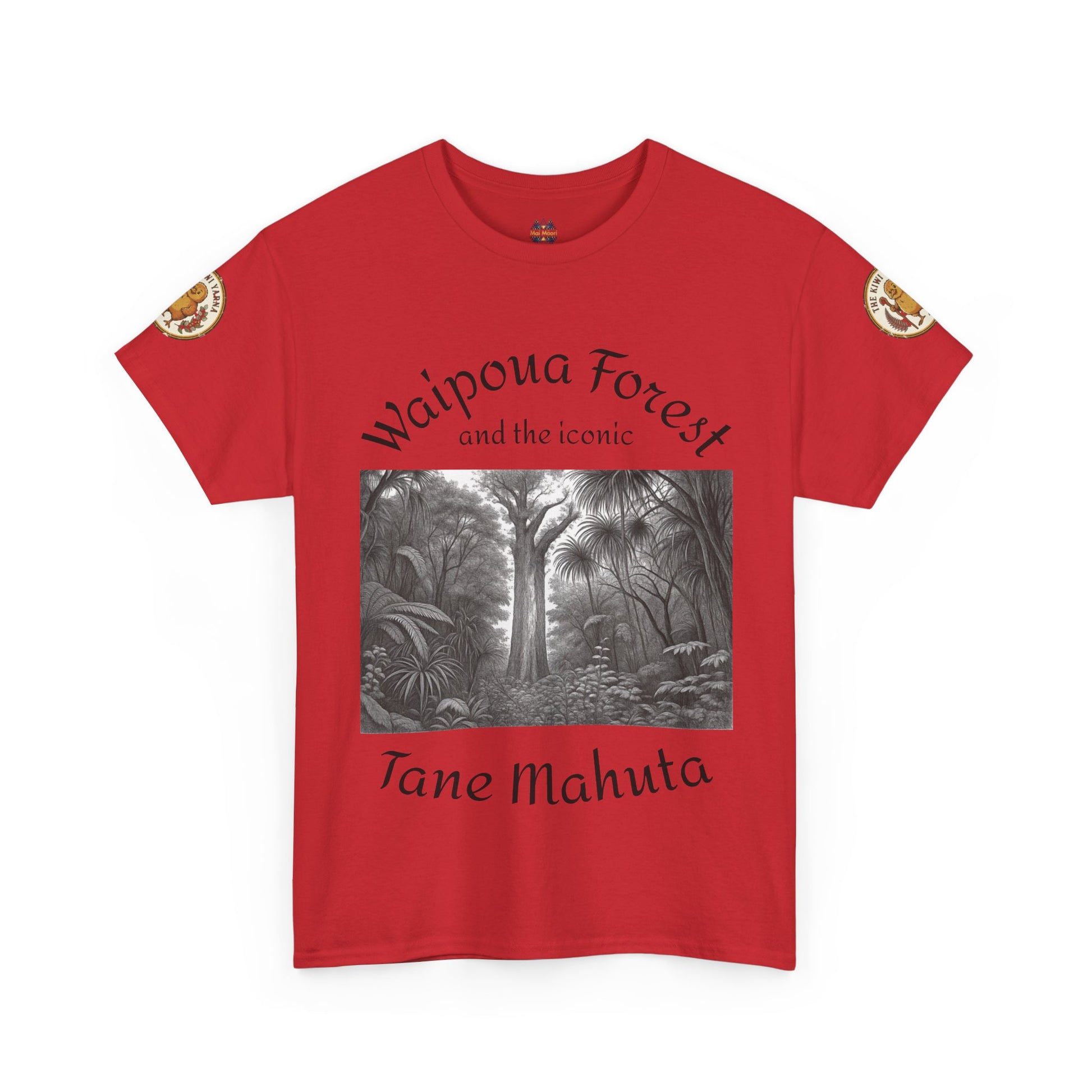Red T-shirt with front forest graphic and sleeve patches, crew neck.