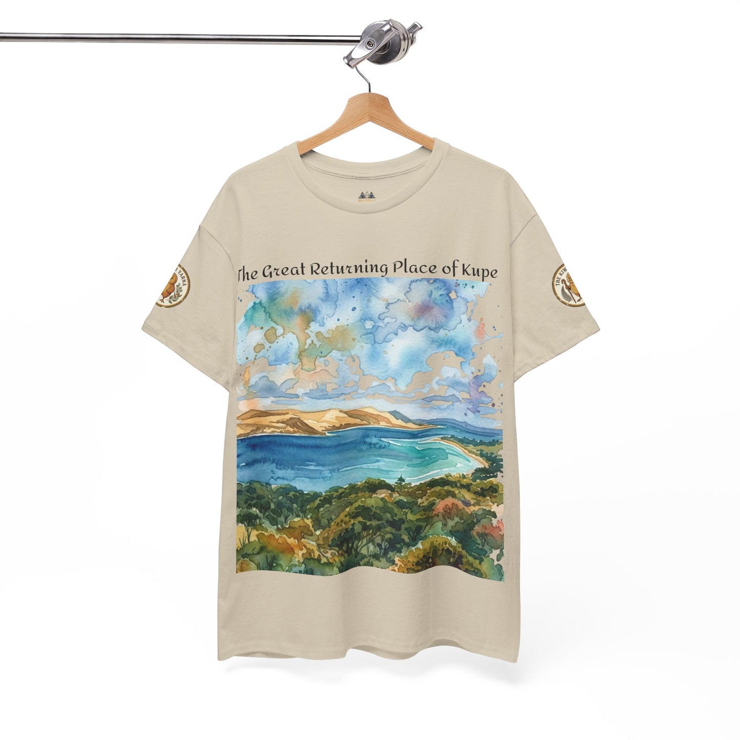 Beige crew-neck T-shirt with watercolor coastal landscape and small chest logo
