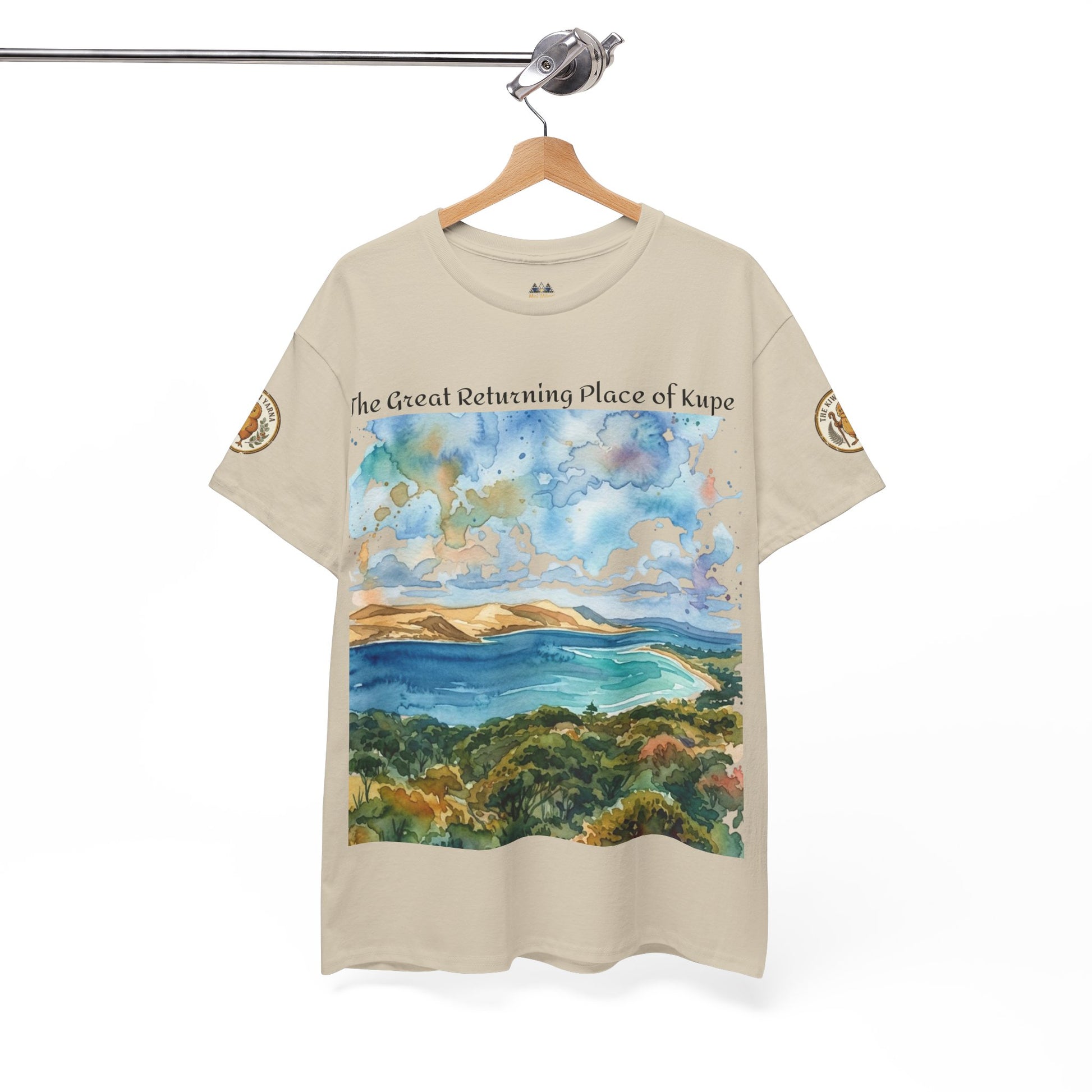 Beige crew-neck T-shirt with watercolor coastal landscape and small chest logo