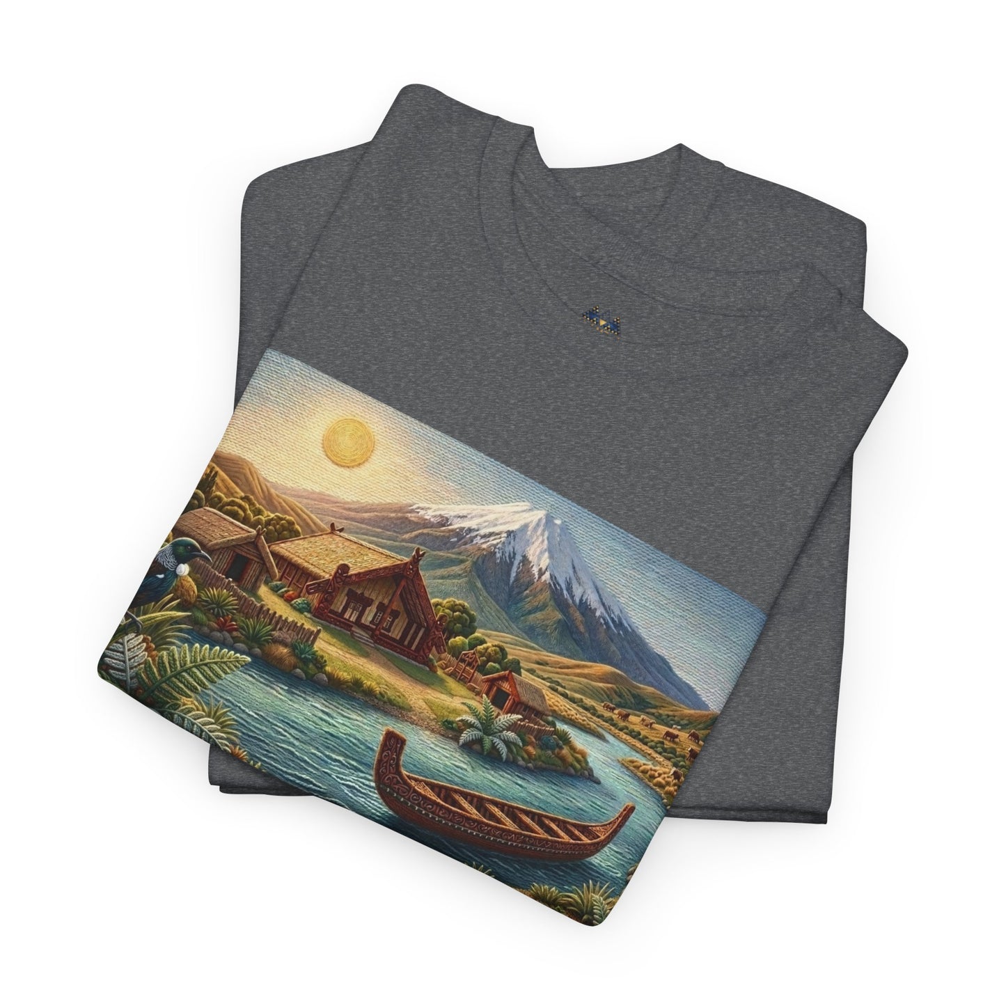 Dark gray crew-neck T-shirt folded with scenic front graphic and mountain canoe print.