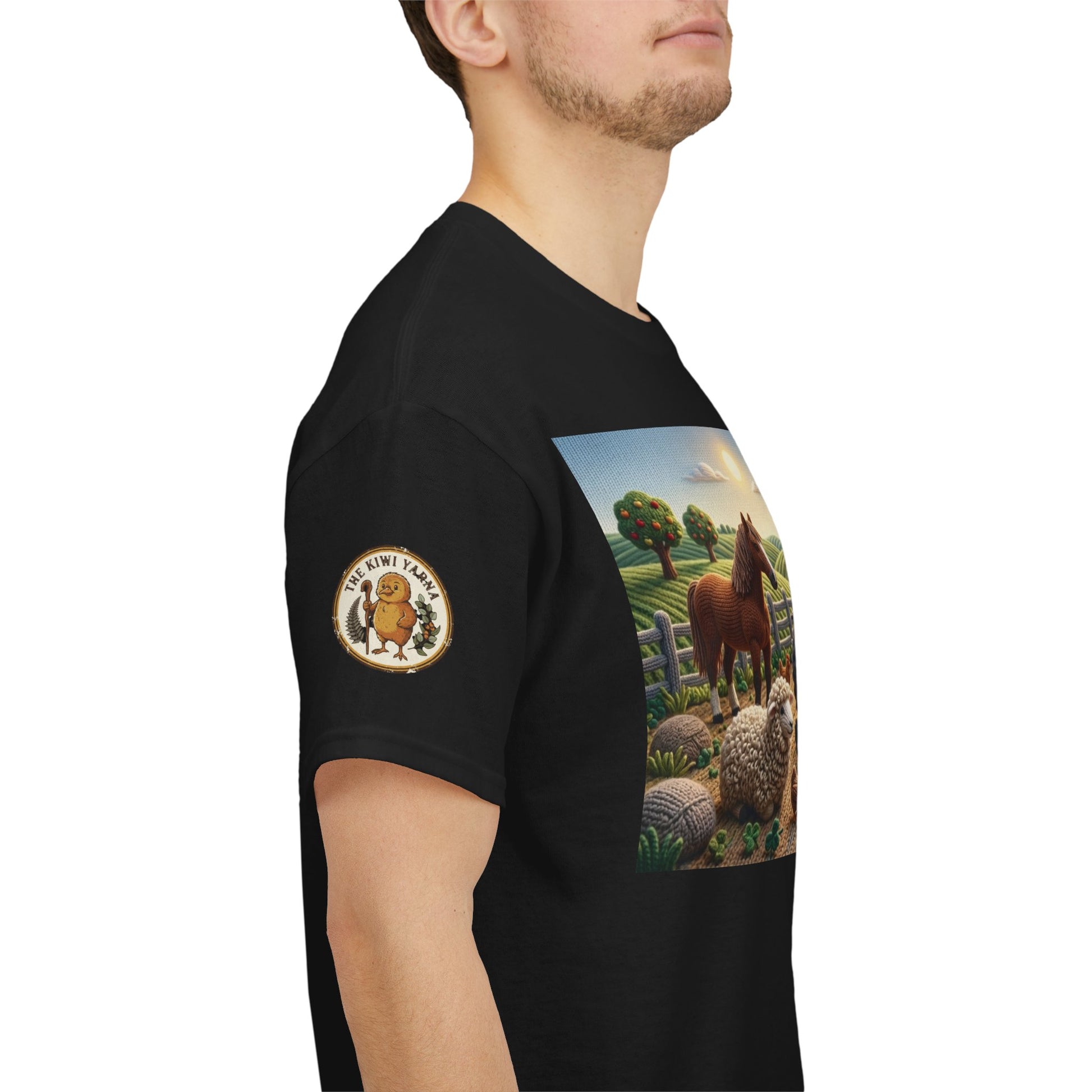 Black crewneck T-shirt with farm tractor graphic visible on the side sleeve panel.