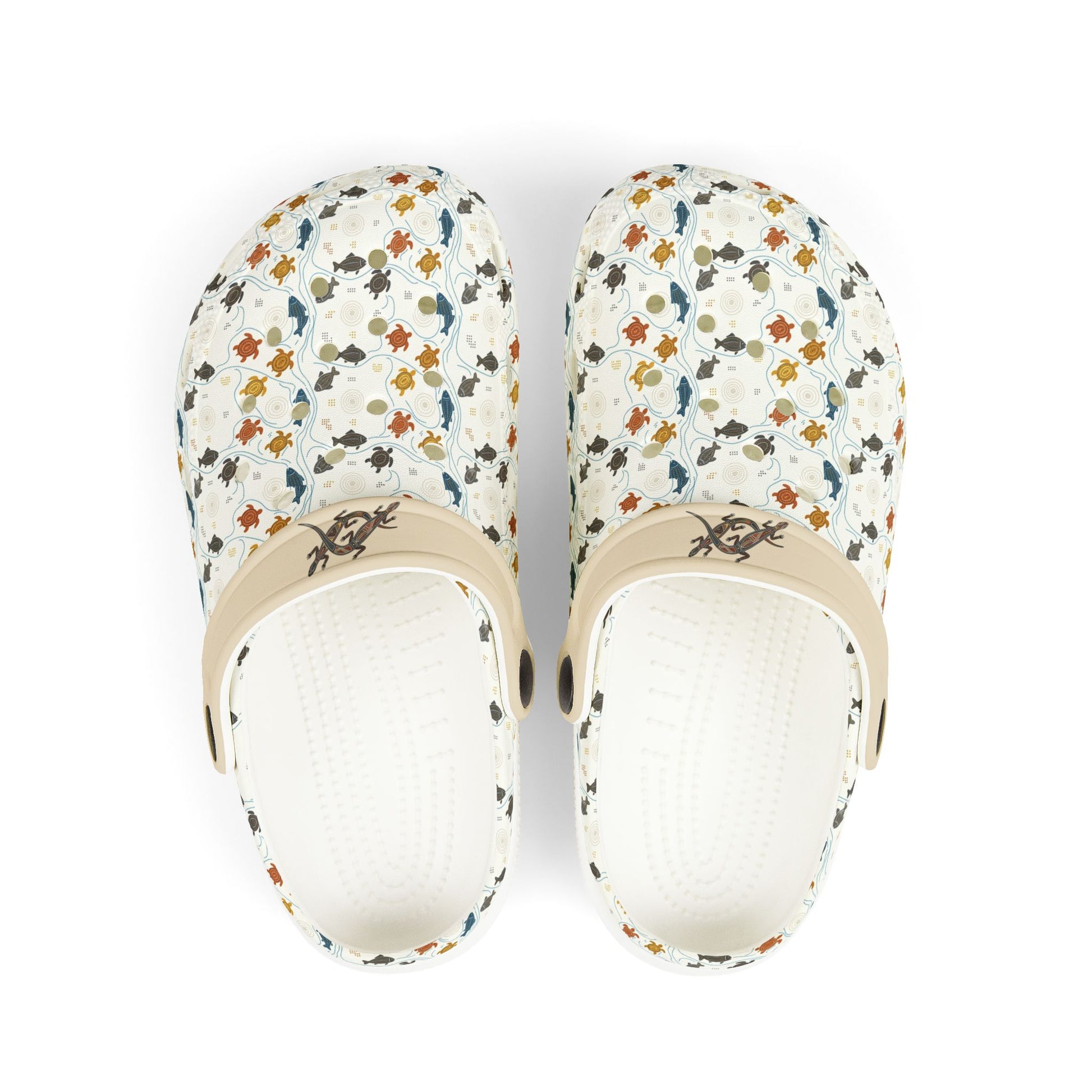 Cream casual slip-on clog shoes with colorful animal pattern upper