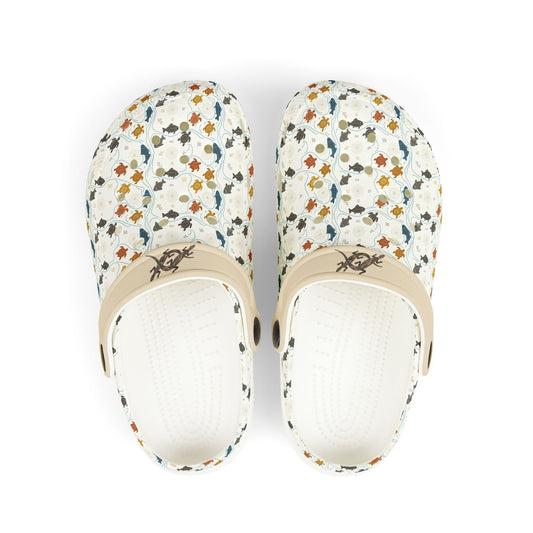 Cream casual slip-on clog shoes with colorful animal pattern upper