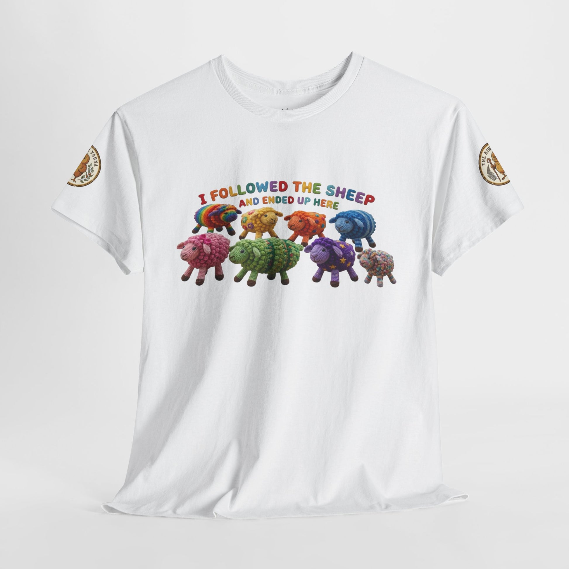 White crewneck graphic T-shirt with colorful sheep illustration centered on the front