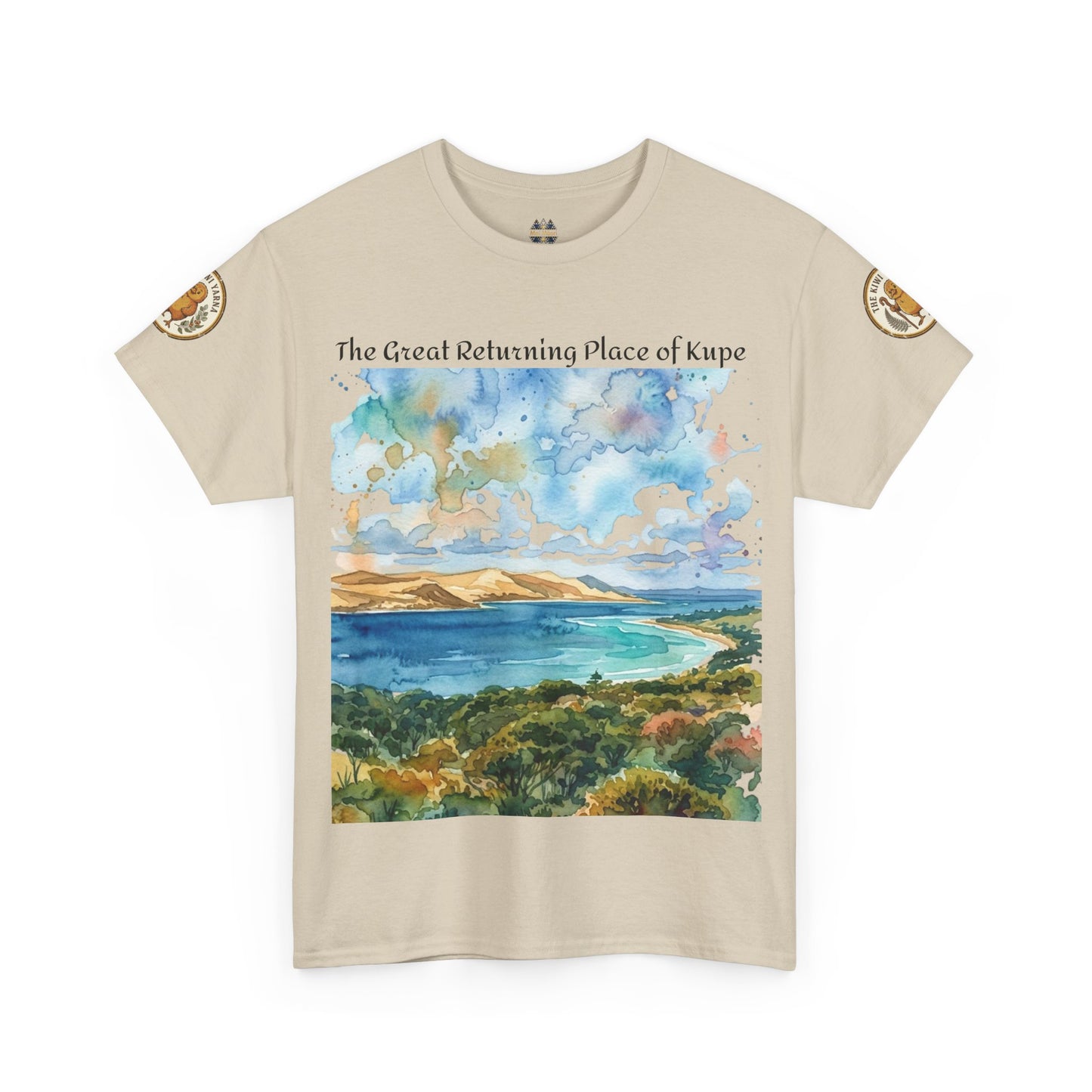 Beige crewneck T-shirt with landscape print and gold sleeve patches, front view.