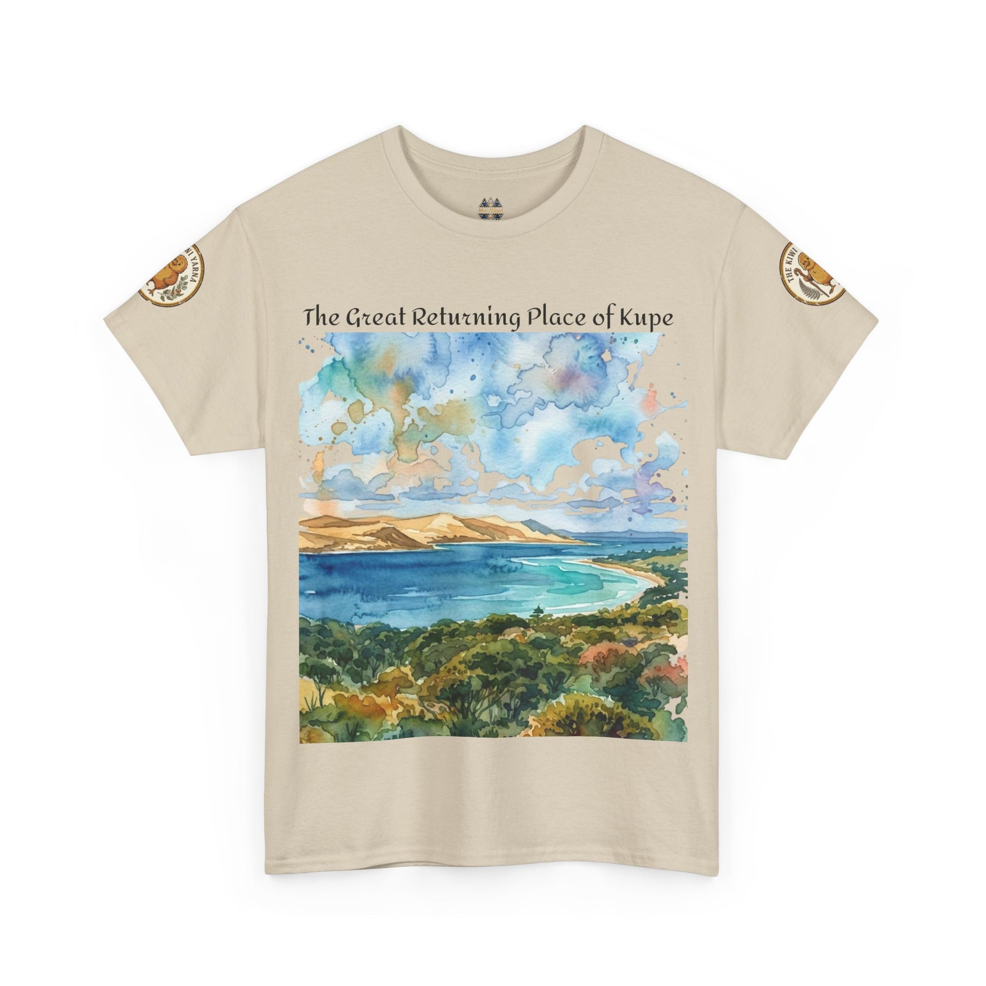 Beige crewneck T-shirt with landscape print and gold sleeve patches, front view.