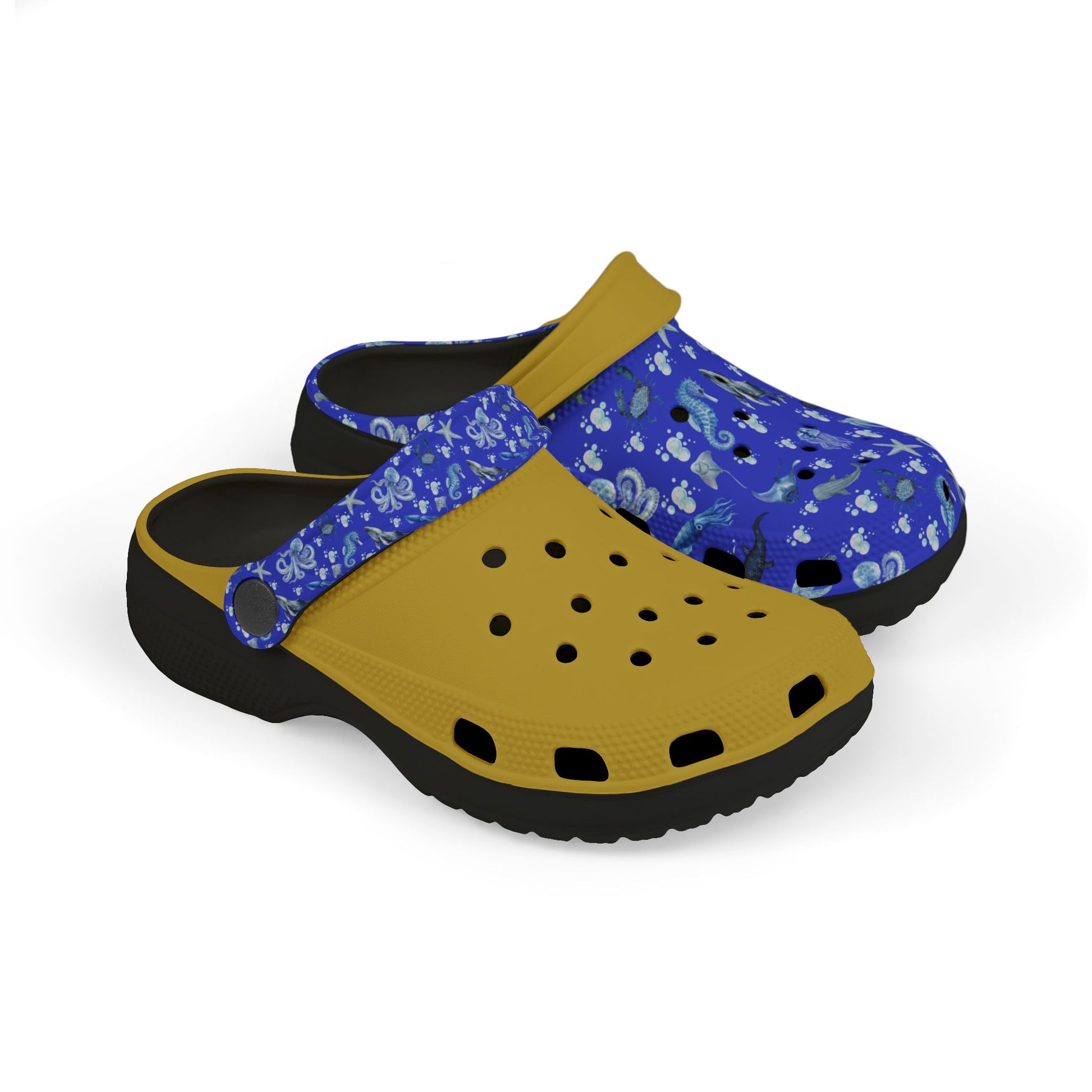 Kids' sea-themed clogs with blue wave print, yellow top strap, black base