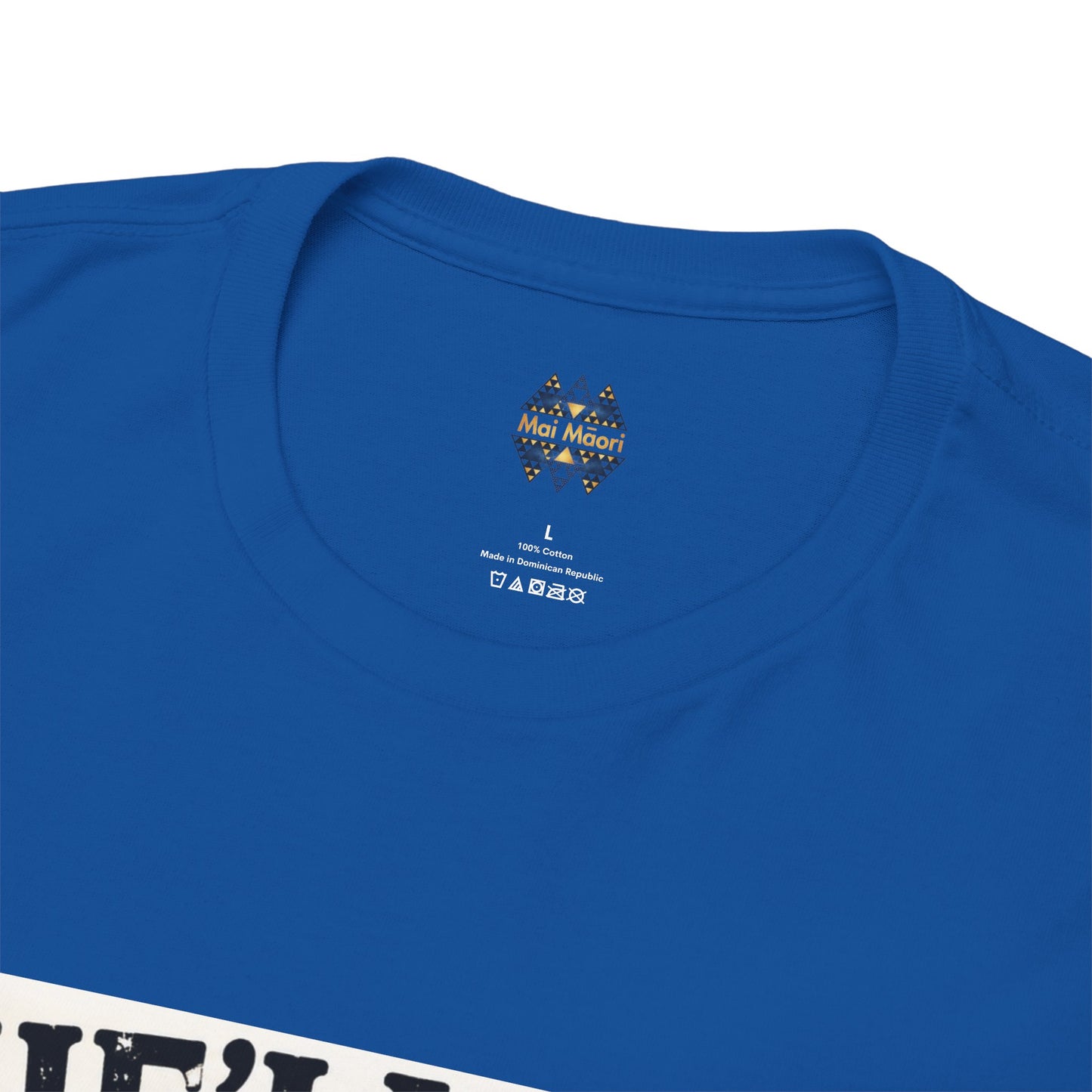 Royal blue T-shirt with small chest logo on the back side near collar