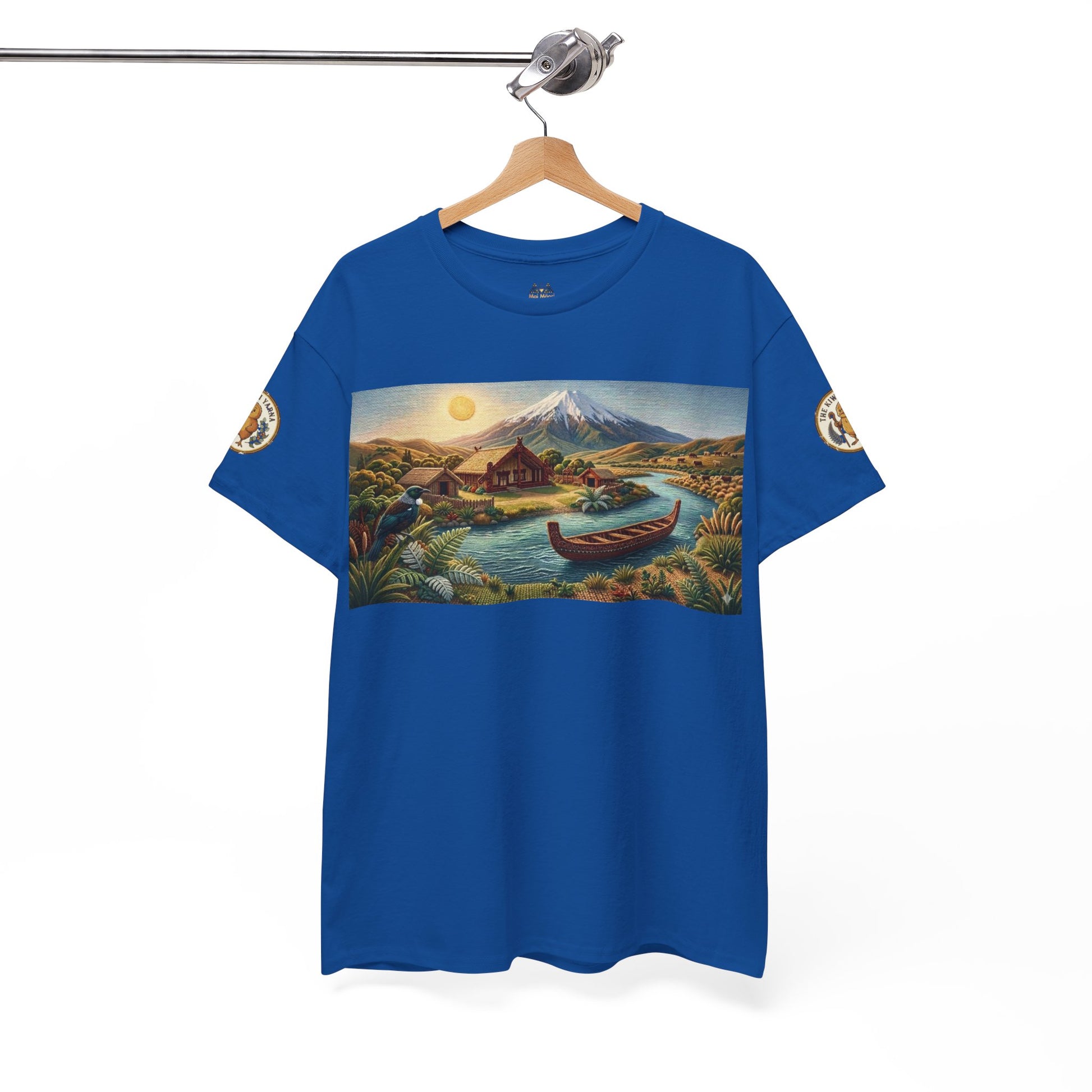 Royal blue crewneck graphic T-shirt with landscape canoe panel and circular sleeve logos