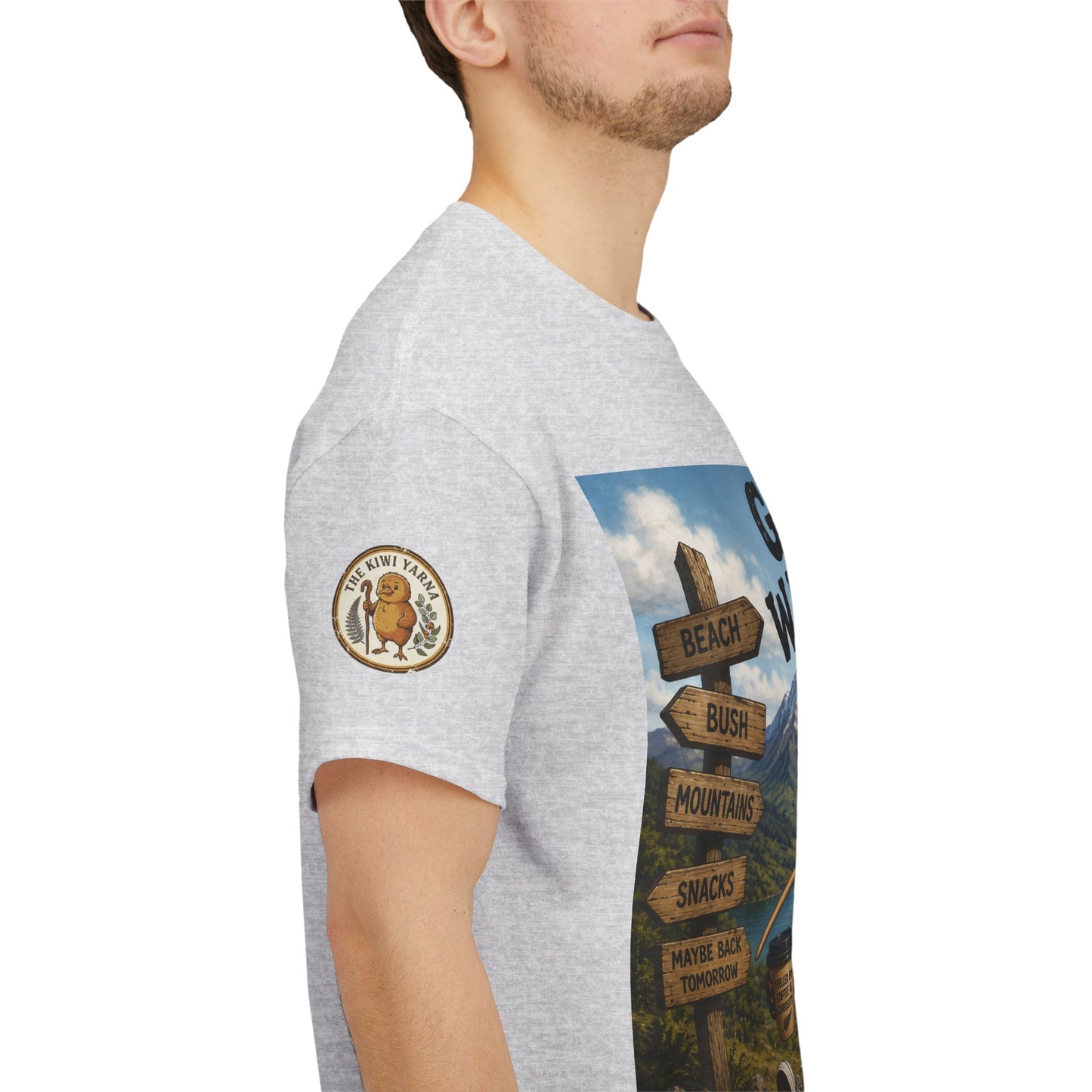 Heather grey T-shirt with sleeve patch and side graphic panel on a model