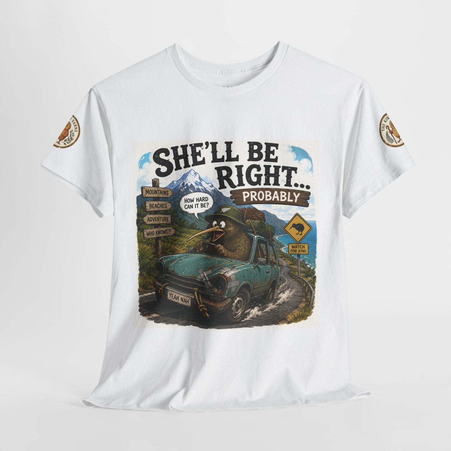 White graphic T-shirt with bold chest text and outdoor vehicle illustration