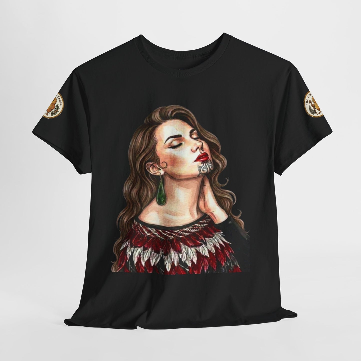 Black graphic T-shirt with woman portrait print and printed sleeve patches