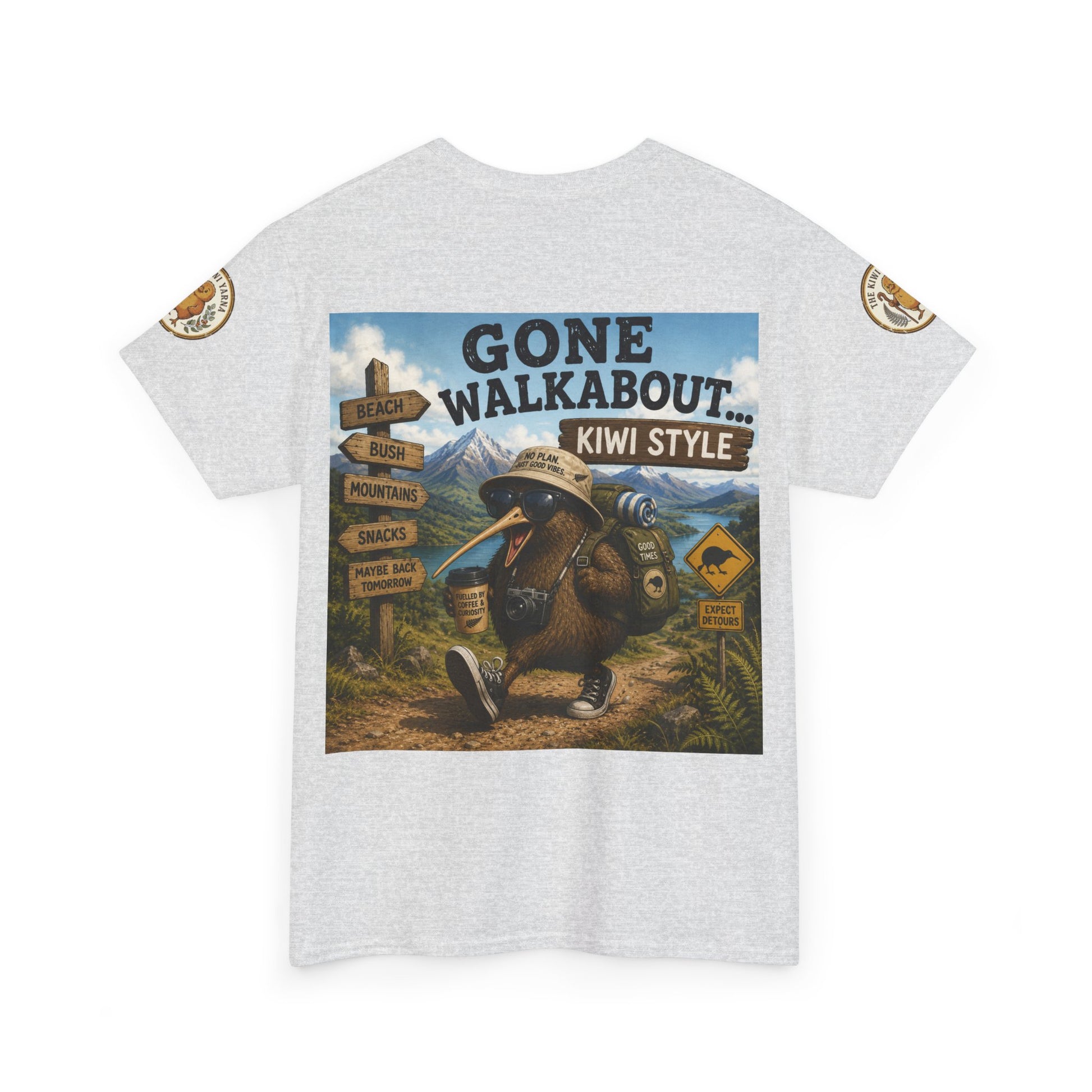 Light gray crew-neck T-shirt with large kiwi adventure graphic on the front