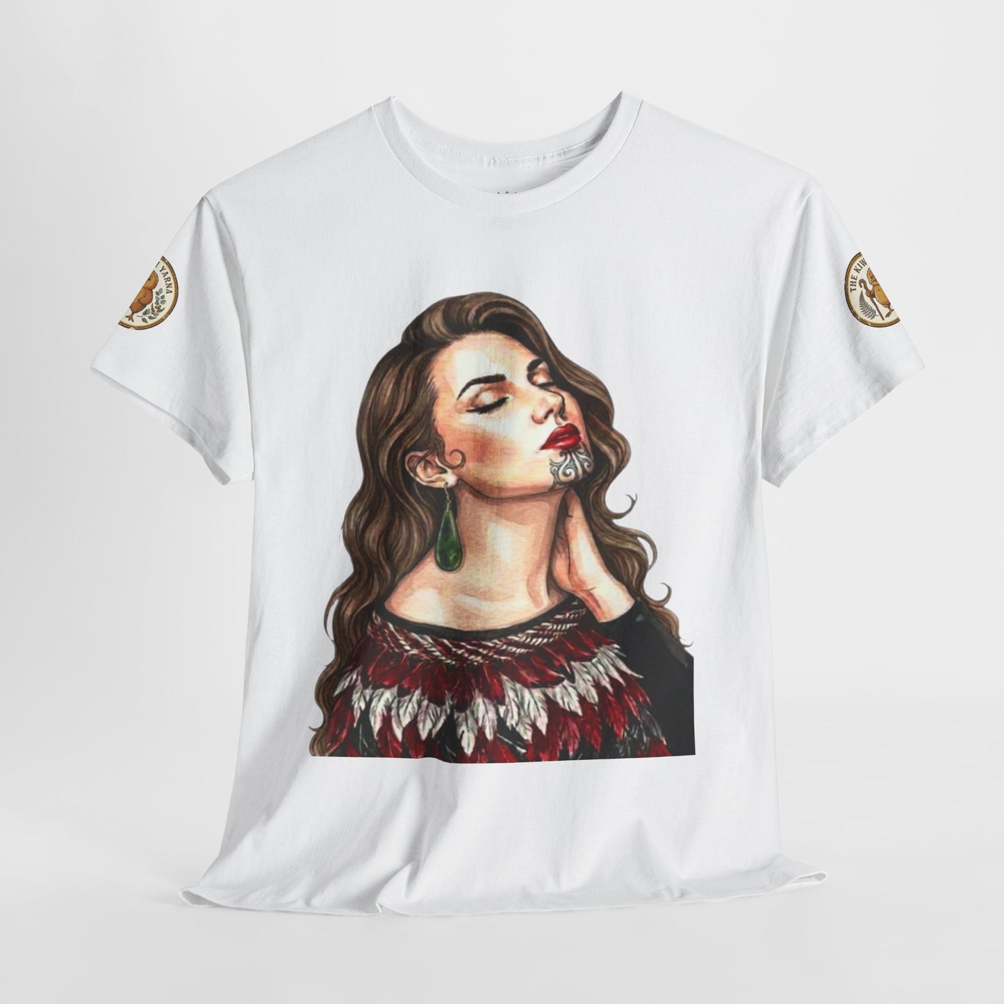 Korowai graphic t-shirt, white; portrait face front; small badge on sleeves