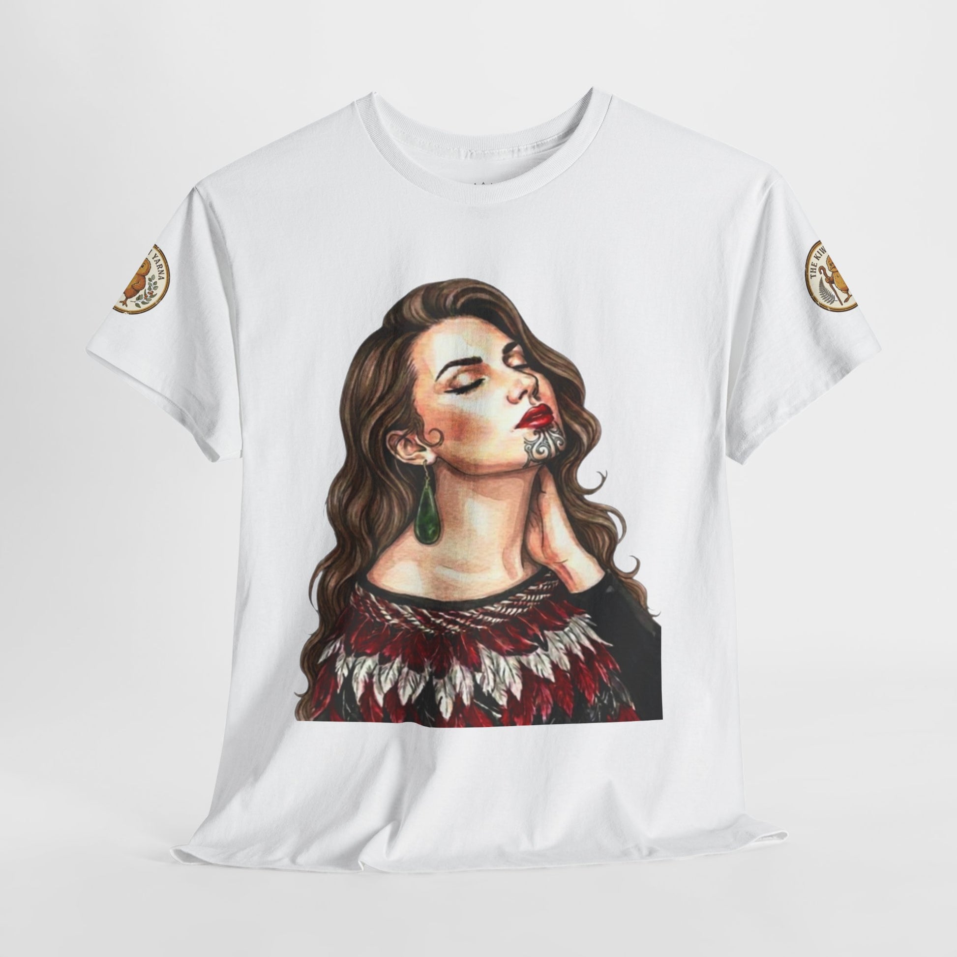 Korowai graphic t-shirt, white; portrait face front; small badge on sleeves