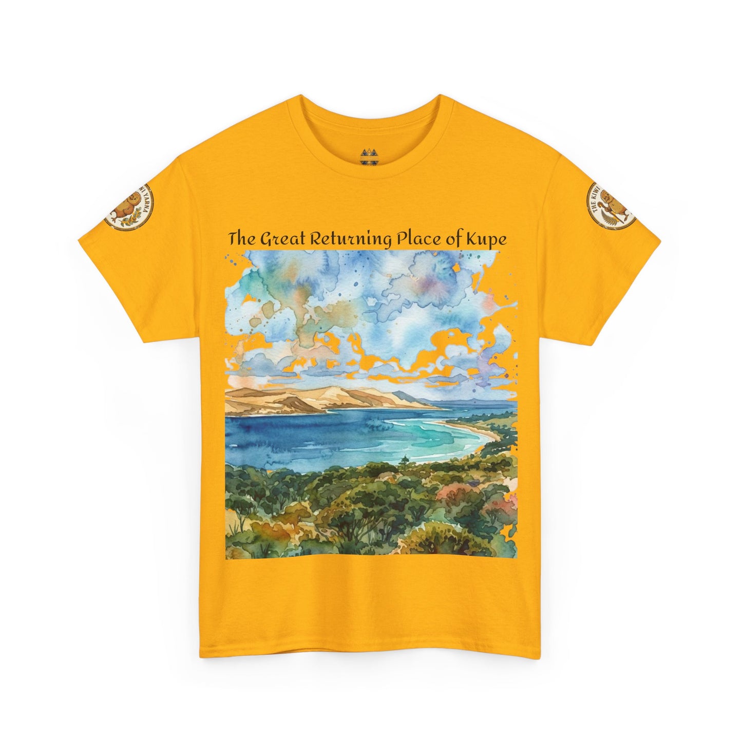 Yellow crewneck T-shirt with landscape print and gold sleeve patches, front view.
