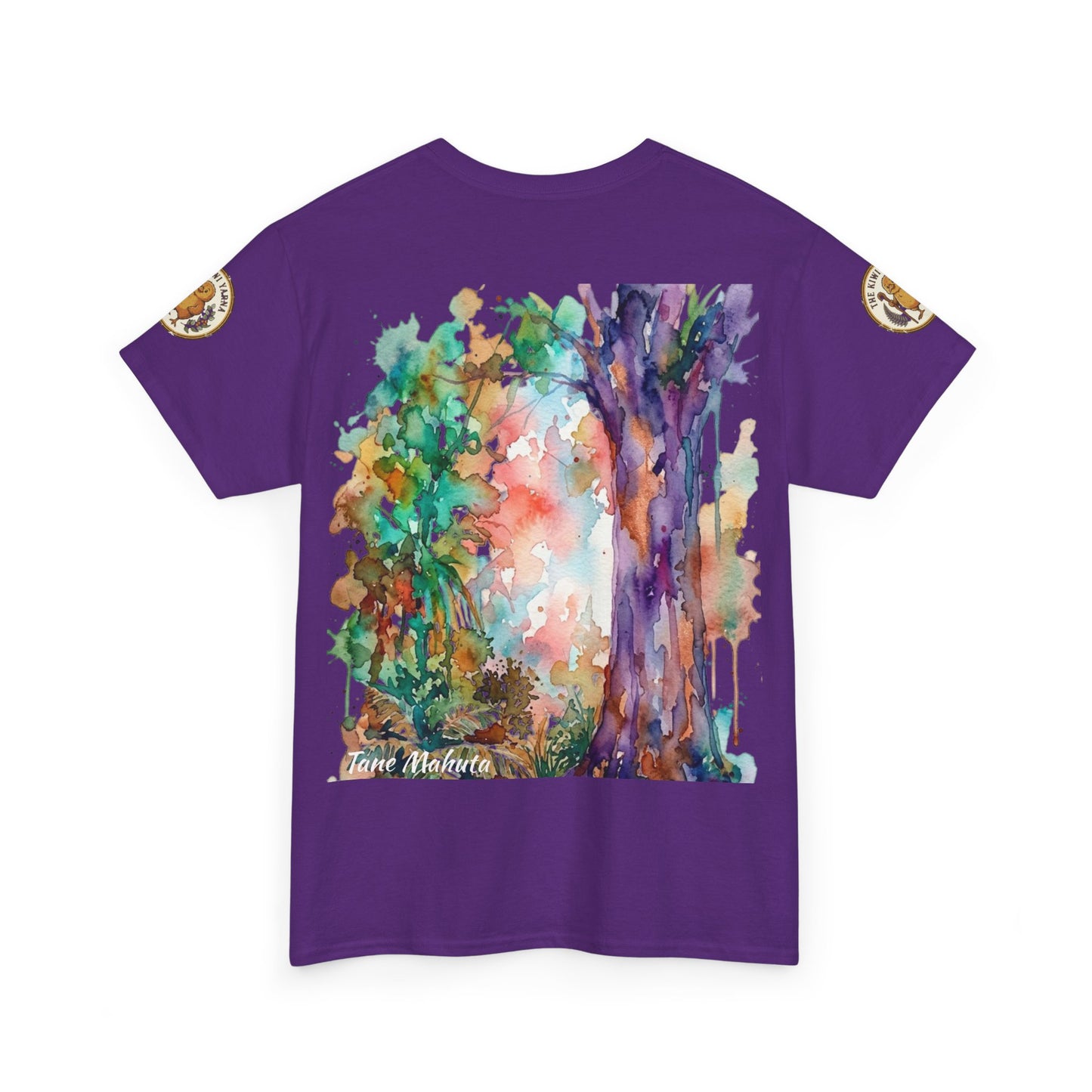 Purple graphic crewneck T-shirt with colorful tree artwork front and small sleeve patches
