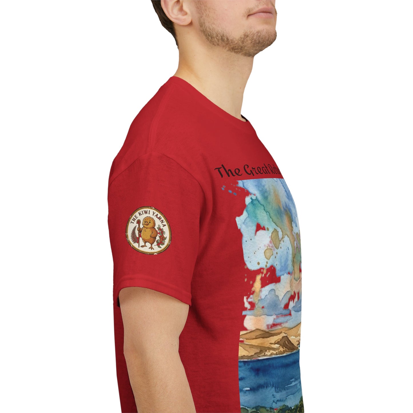 Red crewneck T-shirt with globe graphic sleeve patch