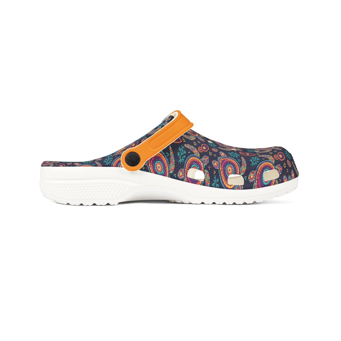 Croc-style clog with dark paisley upper, orange strap, and white textured sole