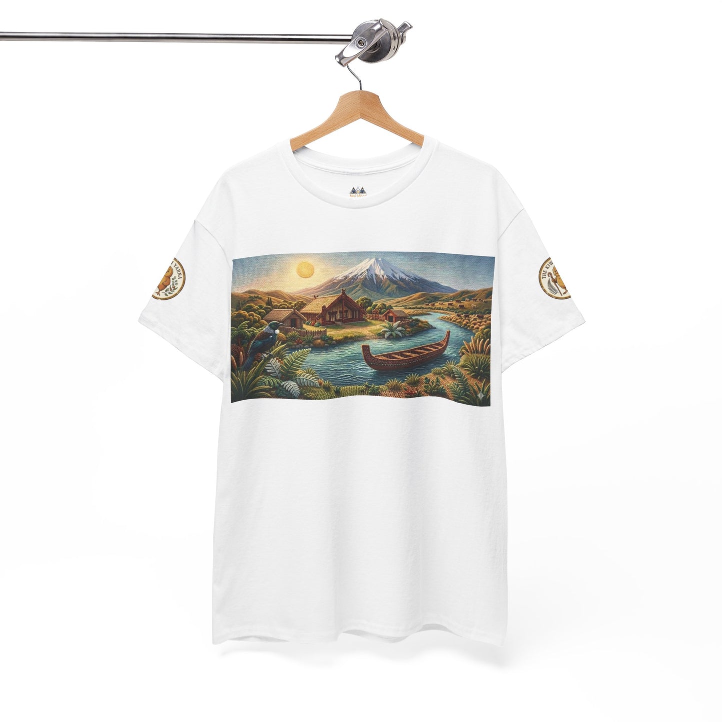 White T-shirt on hanger with front landscape graphic and sleeve emblem patches