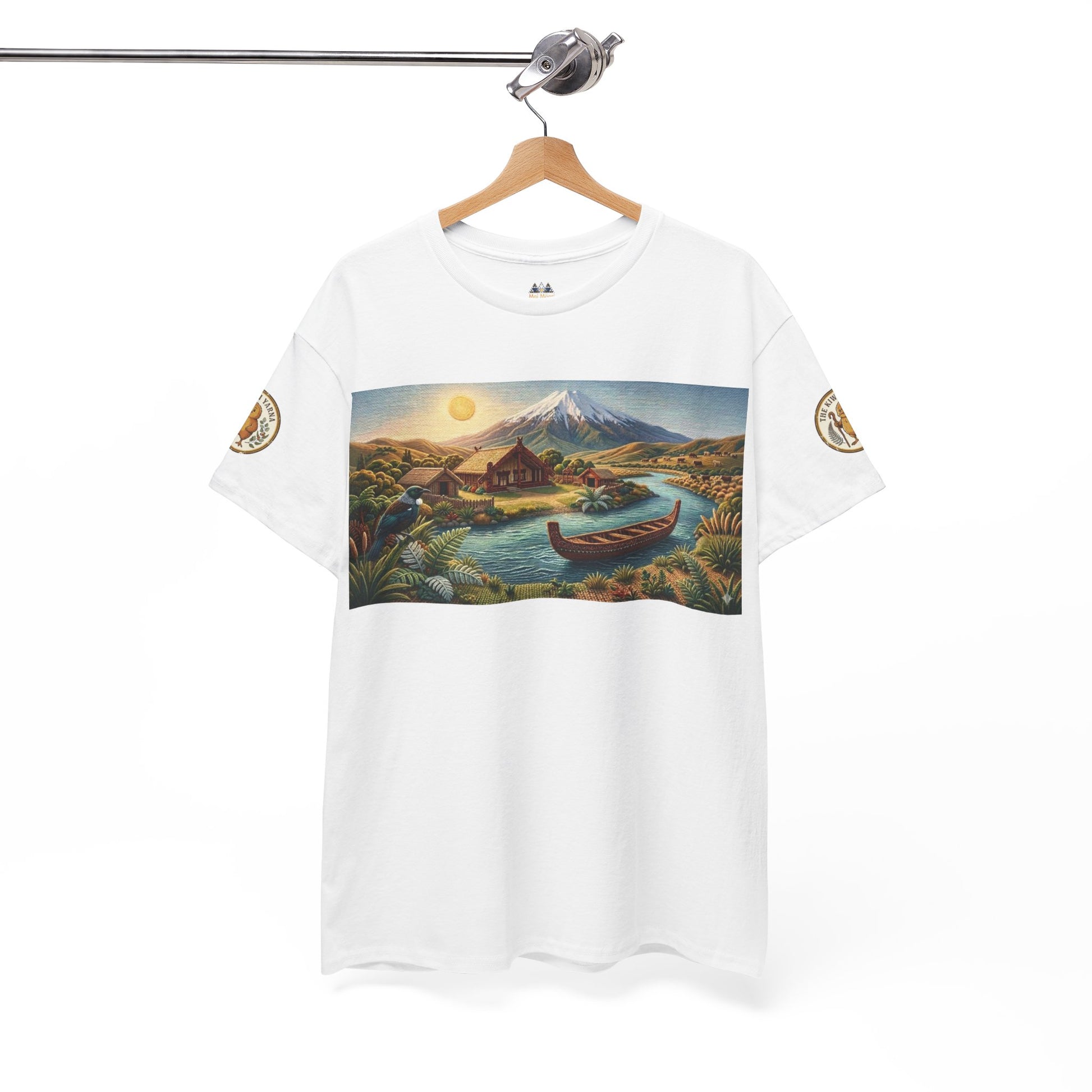 White T-shirt on hanger with front landscape graphic and sleeve emblem patches