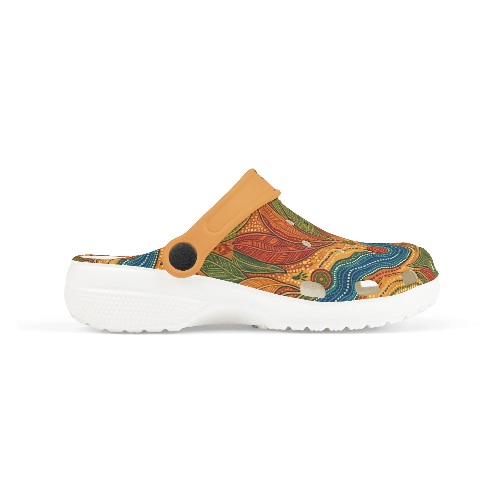 Casual slip-on clogs with tan strap and colorful Aboriginal art upper, 3/4 side view.