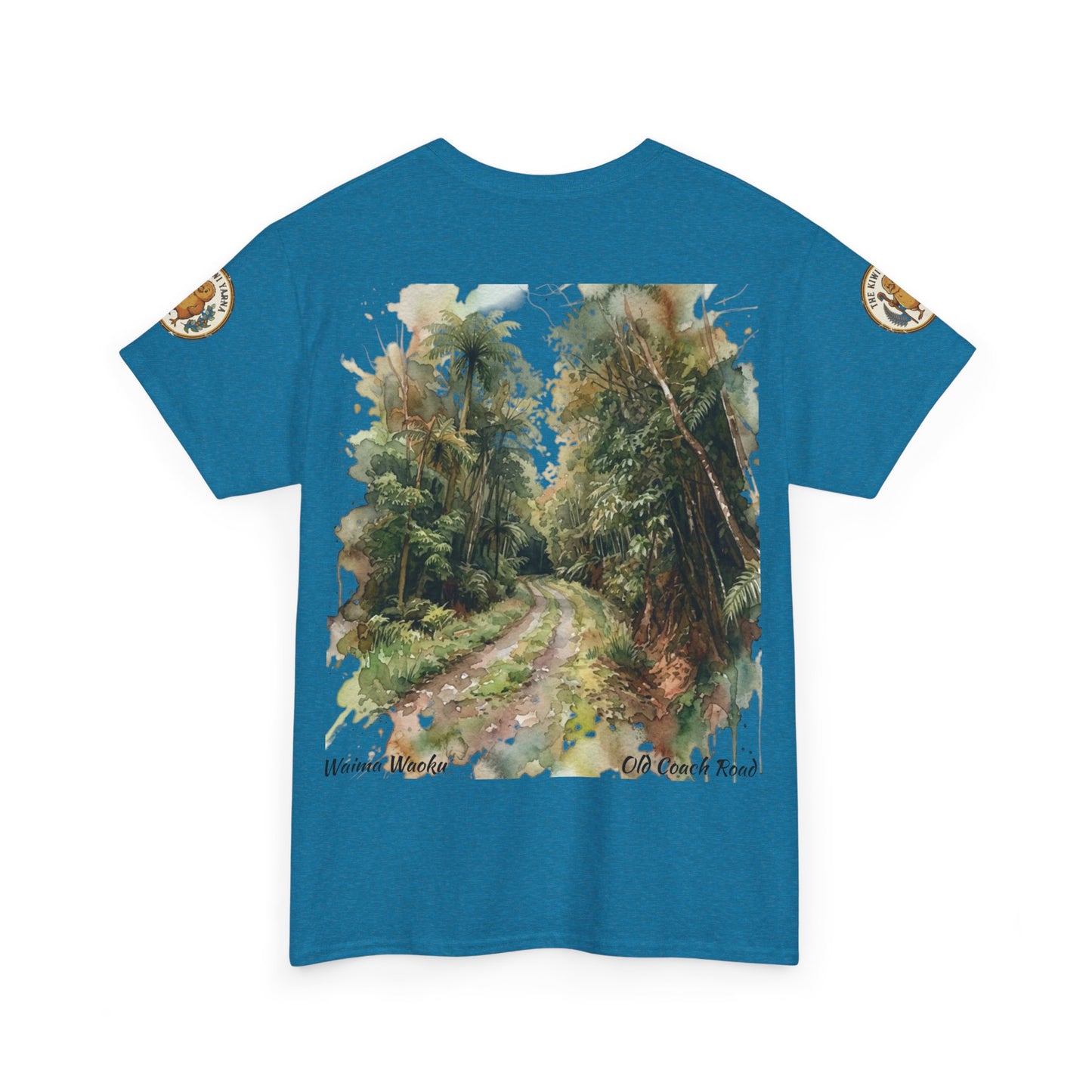 Teal crew-neck T-shirt with back landscape print and small circular sleeve logo.