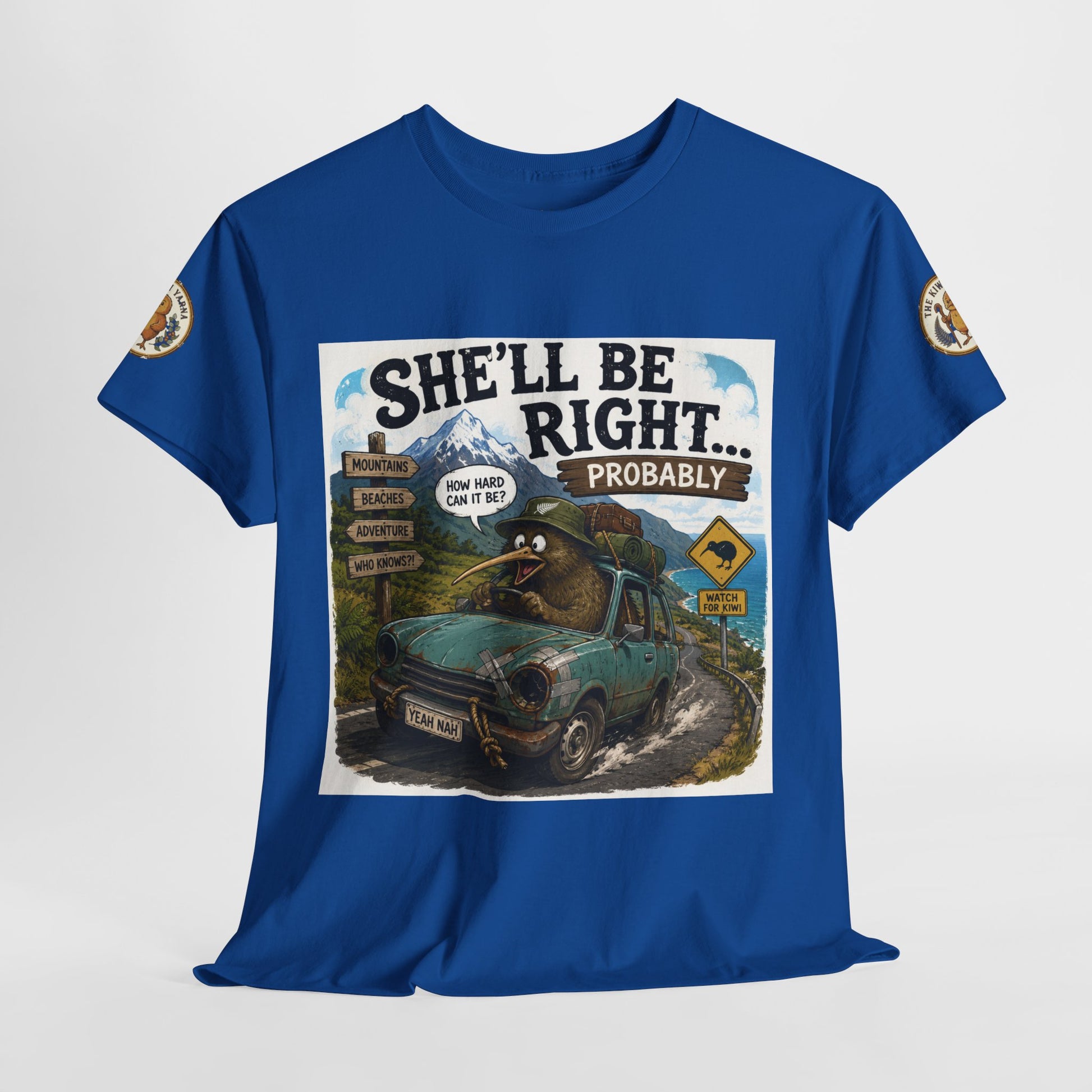 Royal blue graphic T-shirt, front square print with van scene and adventure badges