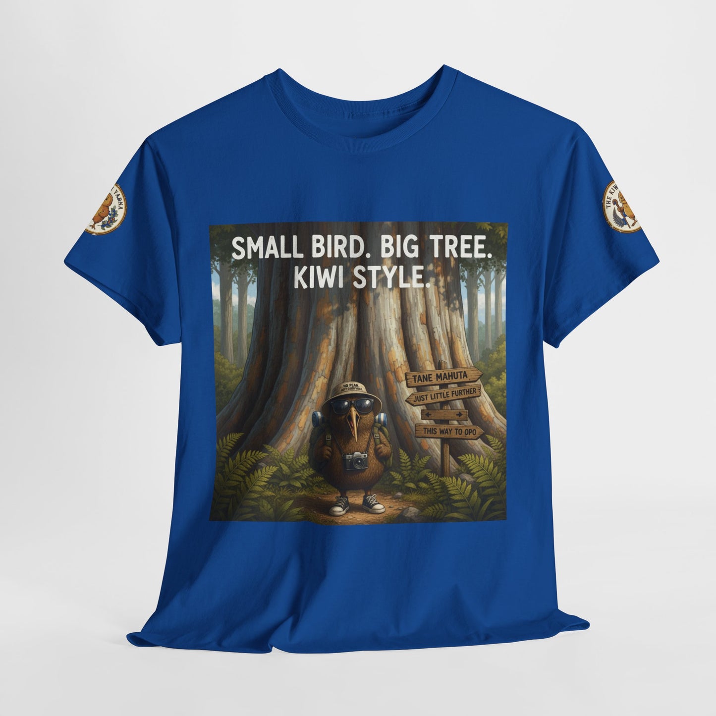 Blue crew-neck T-shirt with large front graphic and slogan text in a forest scene.