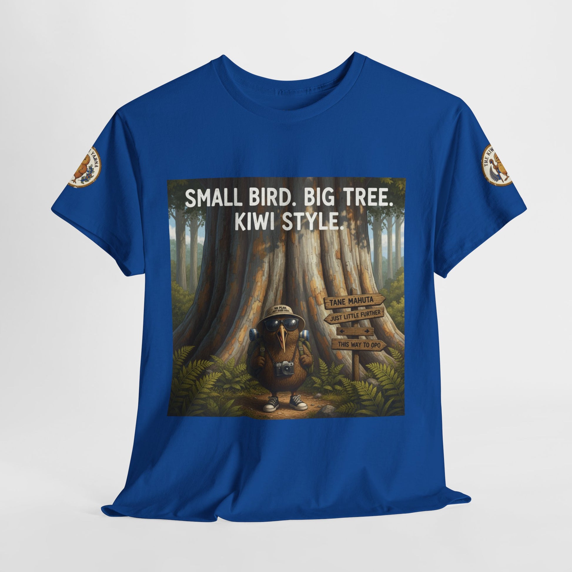 Blue crew-neck T-shirt with large front graphic and slogan text in a forest scene.