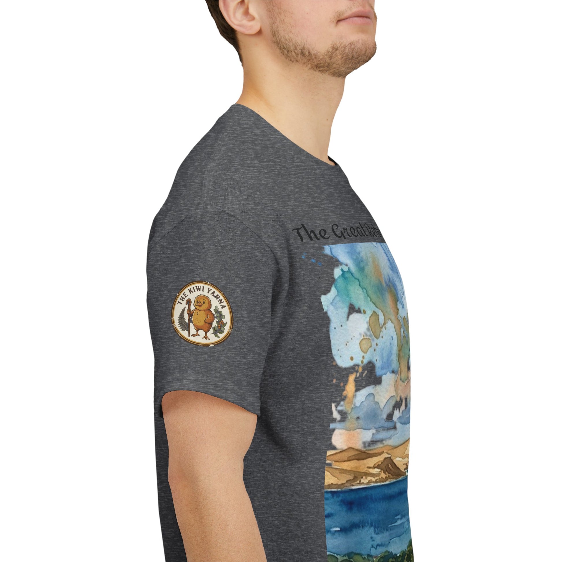 Dark heather T-shirt with sleeve patch and partial watercolor landscape graphic