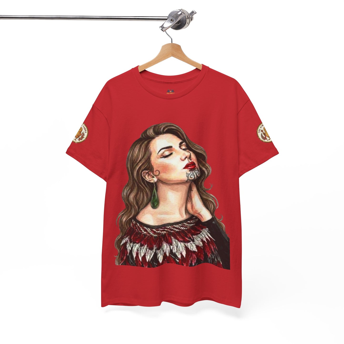 Red graphic T-shirt on hanger with crew neck, short sleeves, and woman portrait print.