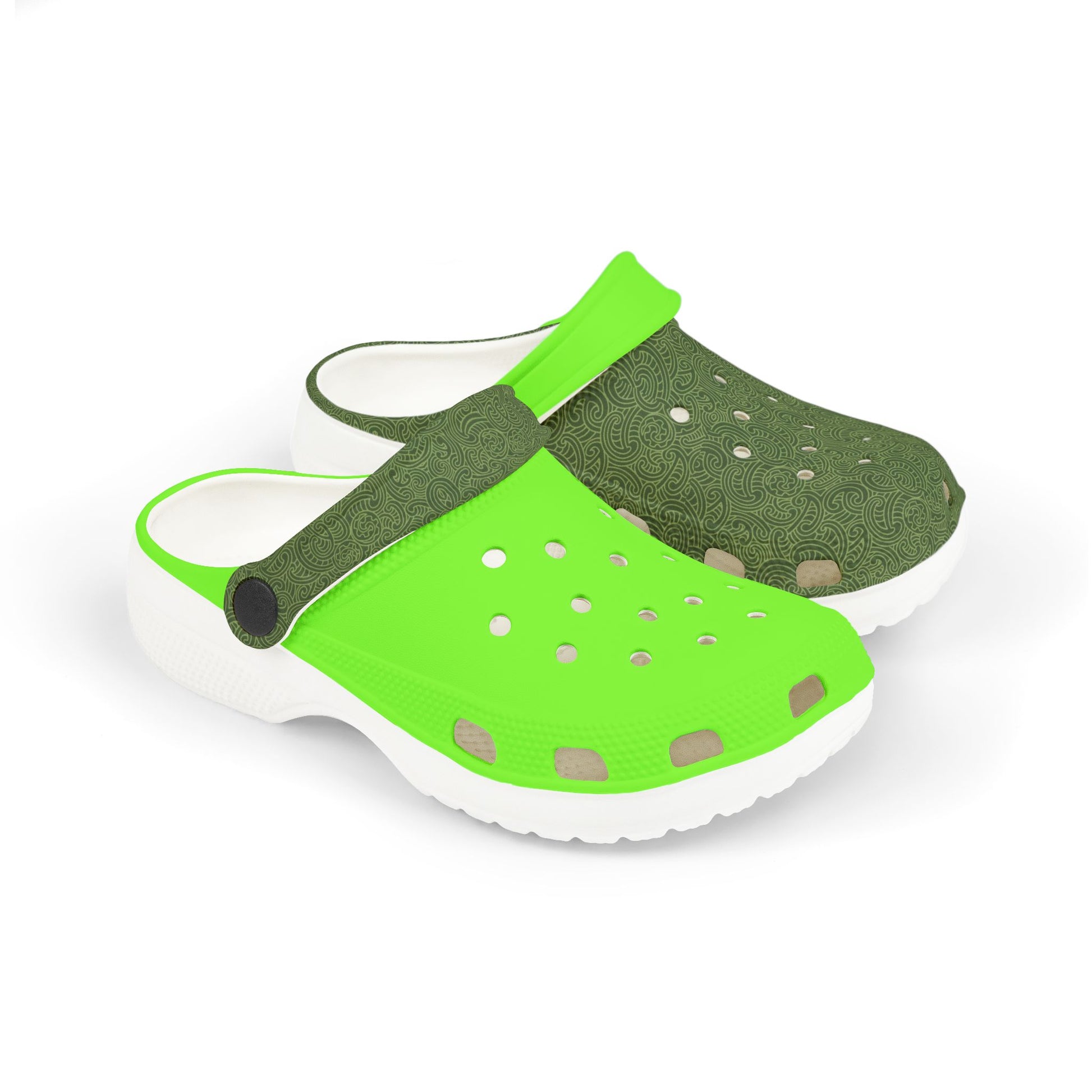 Piripiri perforated clog, dark green and neon green with white heel