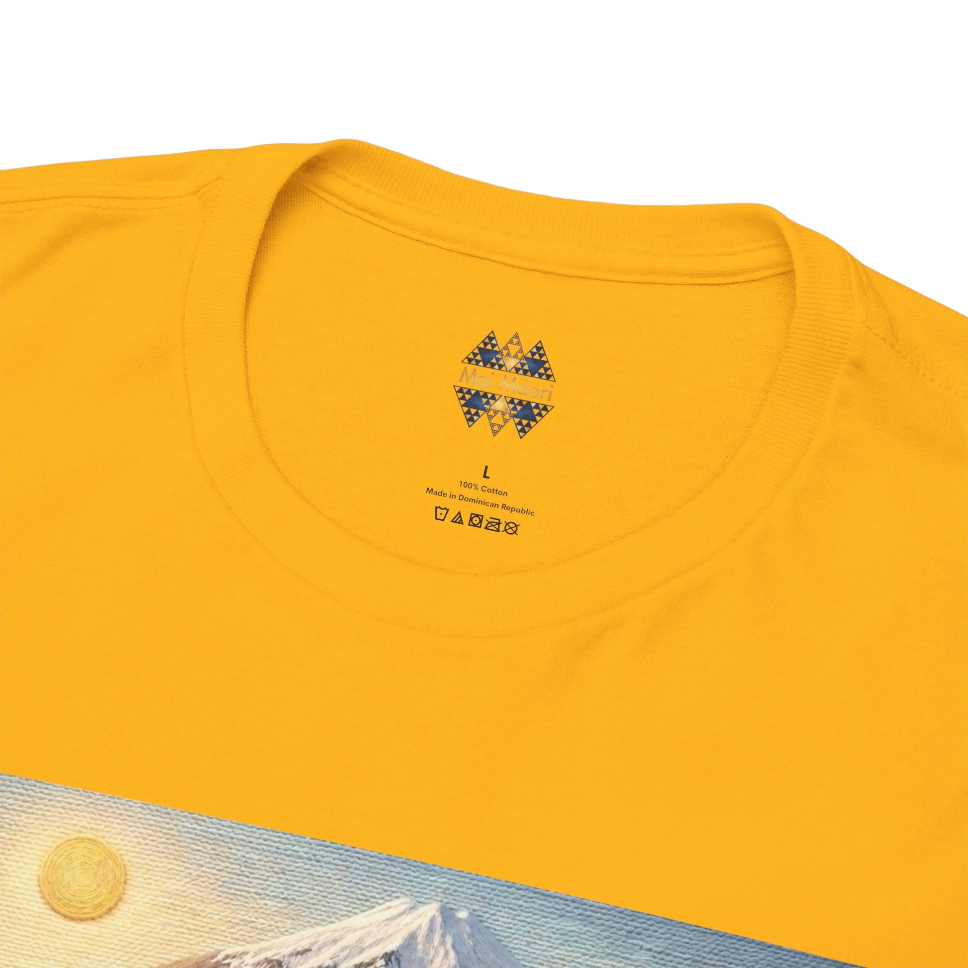 Yellow crewneck T-shirt with small geometric logo at center chest