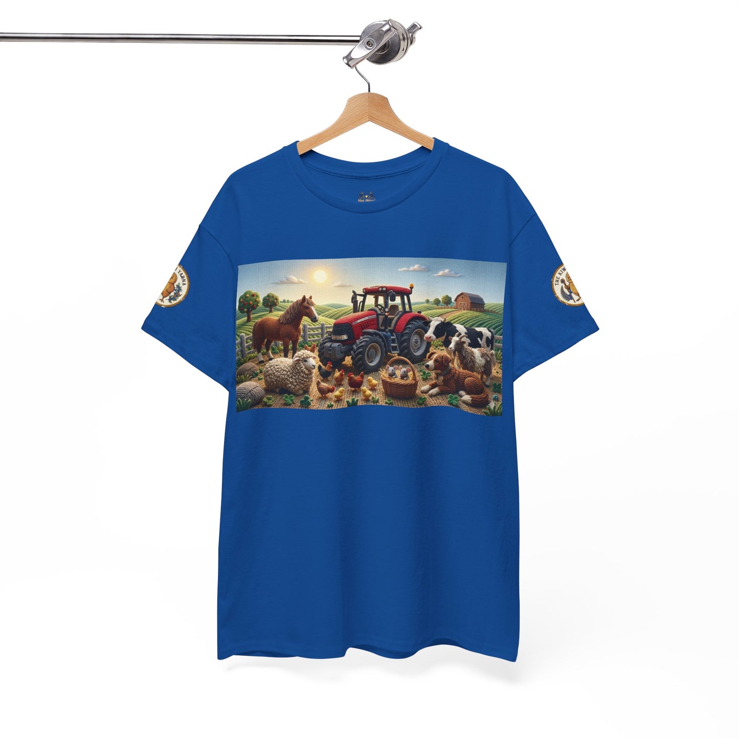 Royal blue short-sleeve T-shirt with farm tractor and animals graphic; hanging view.